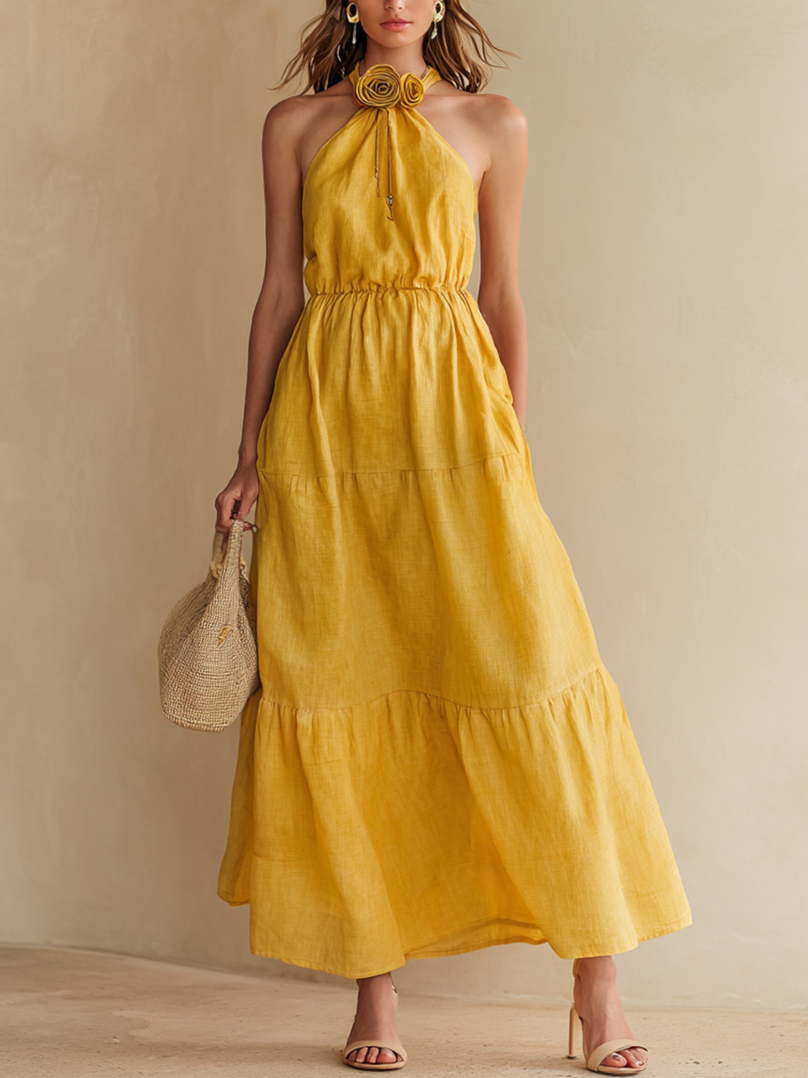 Mustard Yellow Linen Halter-neck Dress