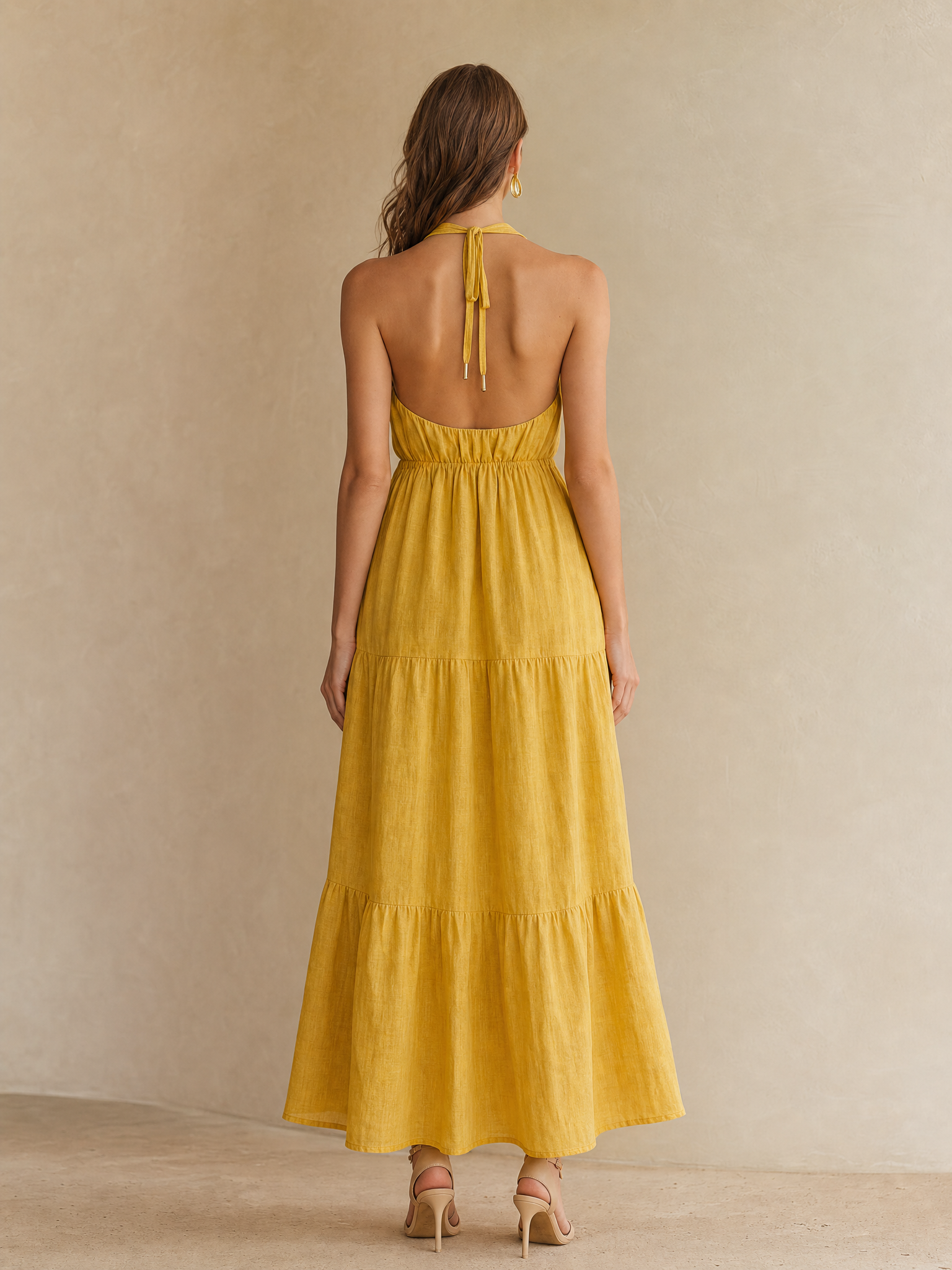 Mustard Yellow Linen Halter-neck Dress