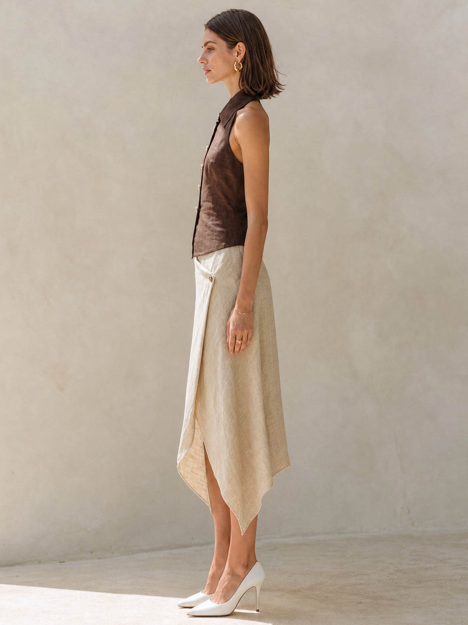 Brown Linen Halter-neck Sleeveless Top Set
