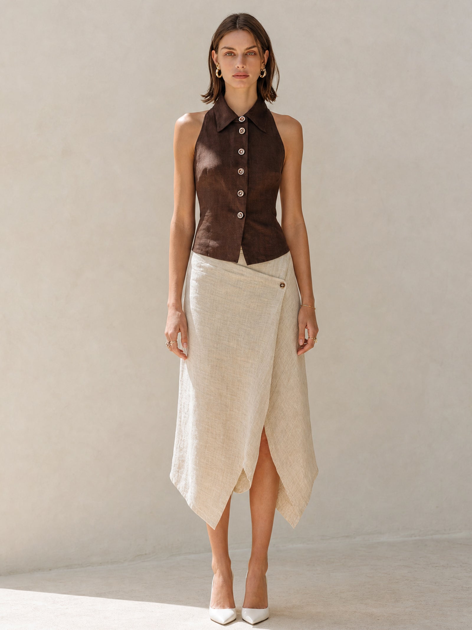 Brown Linen Halter-neck Sleeveless Top Set