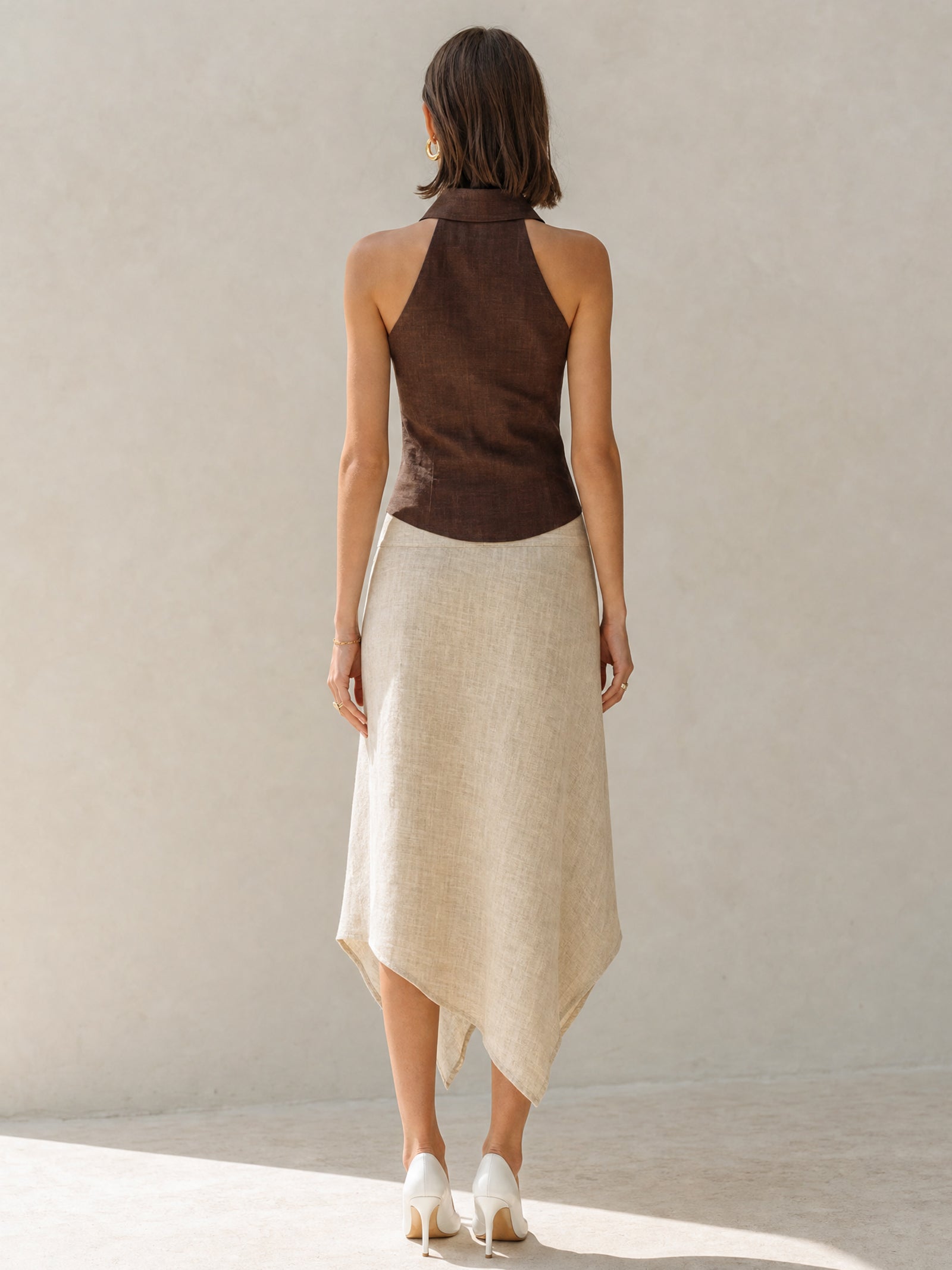Brown Linen Halter-neck Sleeveless Top Set