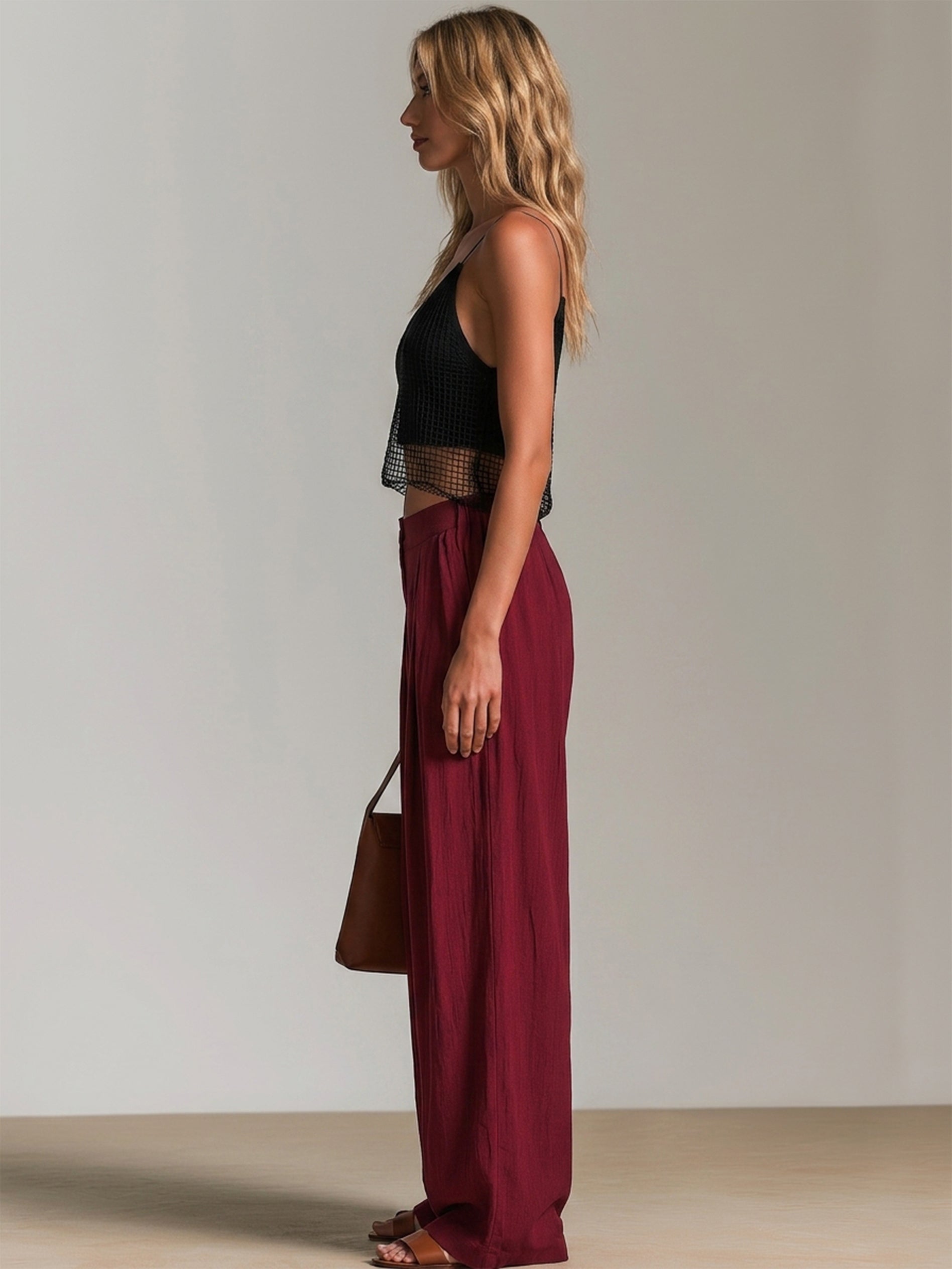 Timeless Set :Black Mesh Cropped Camisole & Burgundy Wide Leg Pants