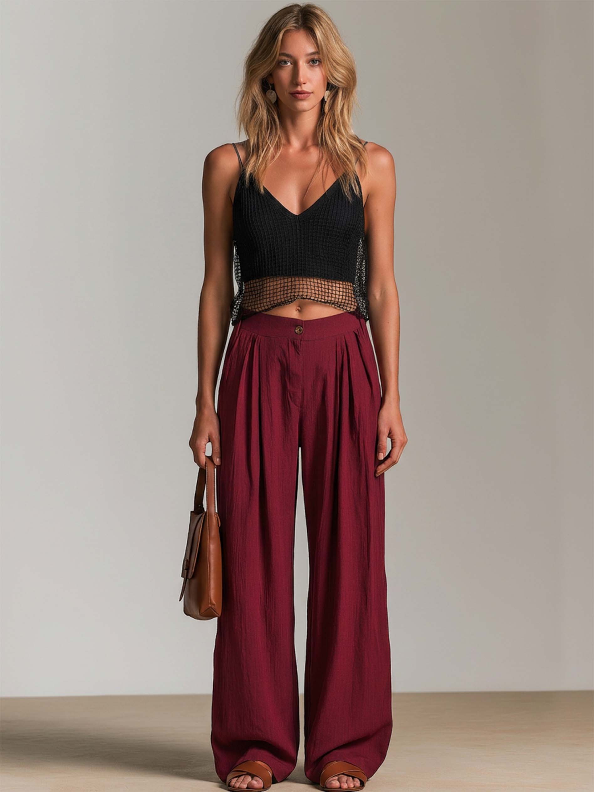 Timeless Set :Black Mesh Cropped Camisole & Burgundy Wide Leg Pants