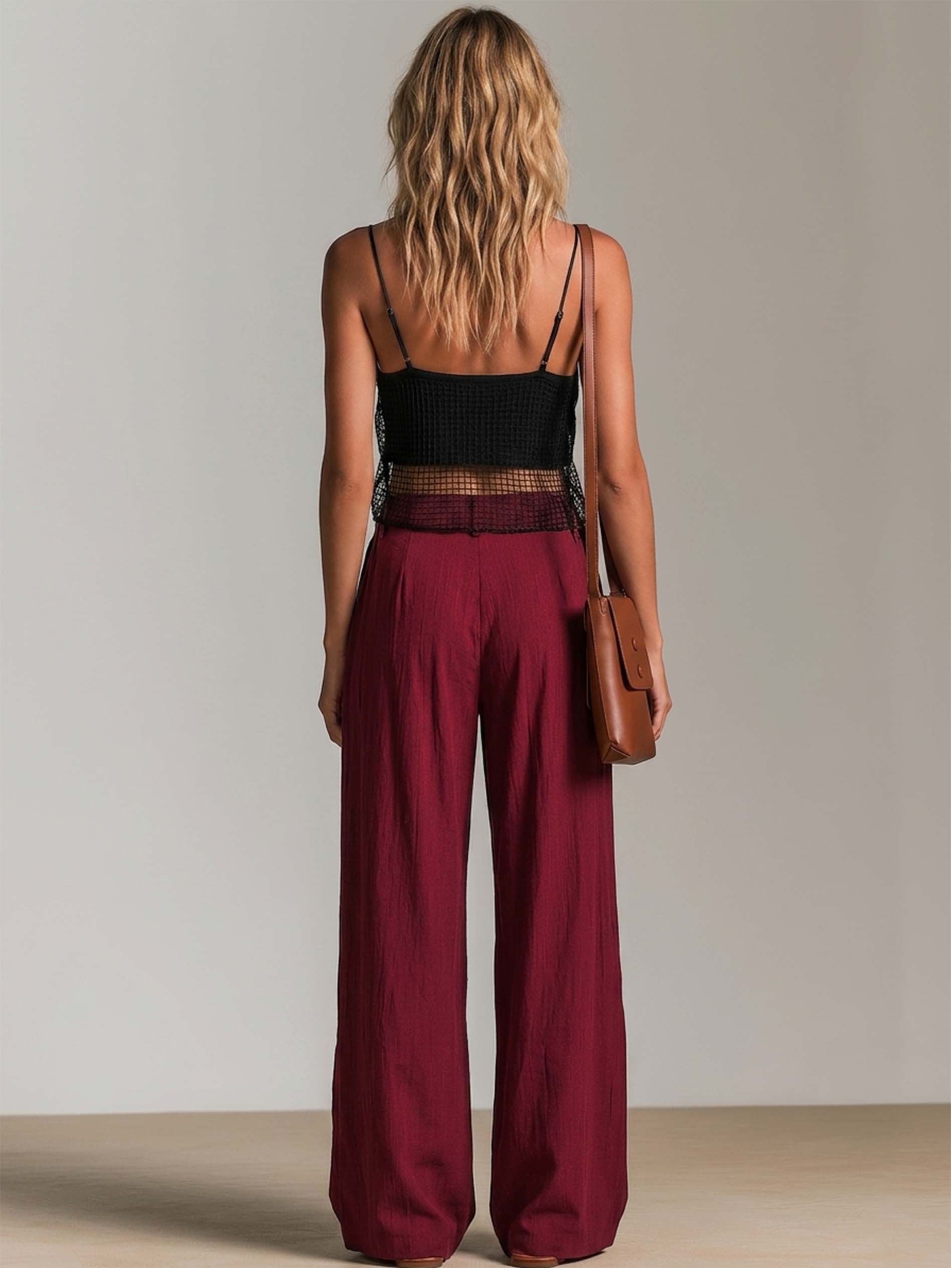 Timeless Set :Black Mesh Cropped Camisole & Burgundy Wide Leg Pants