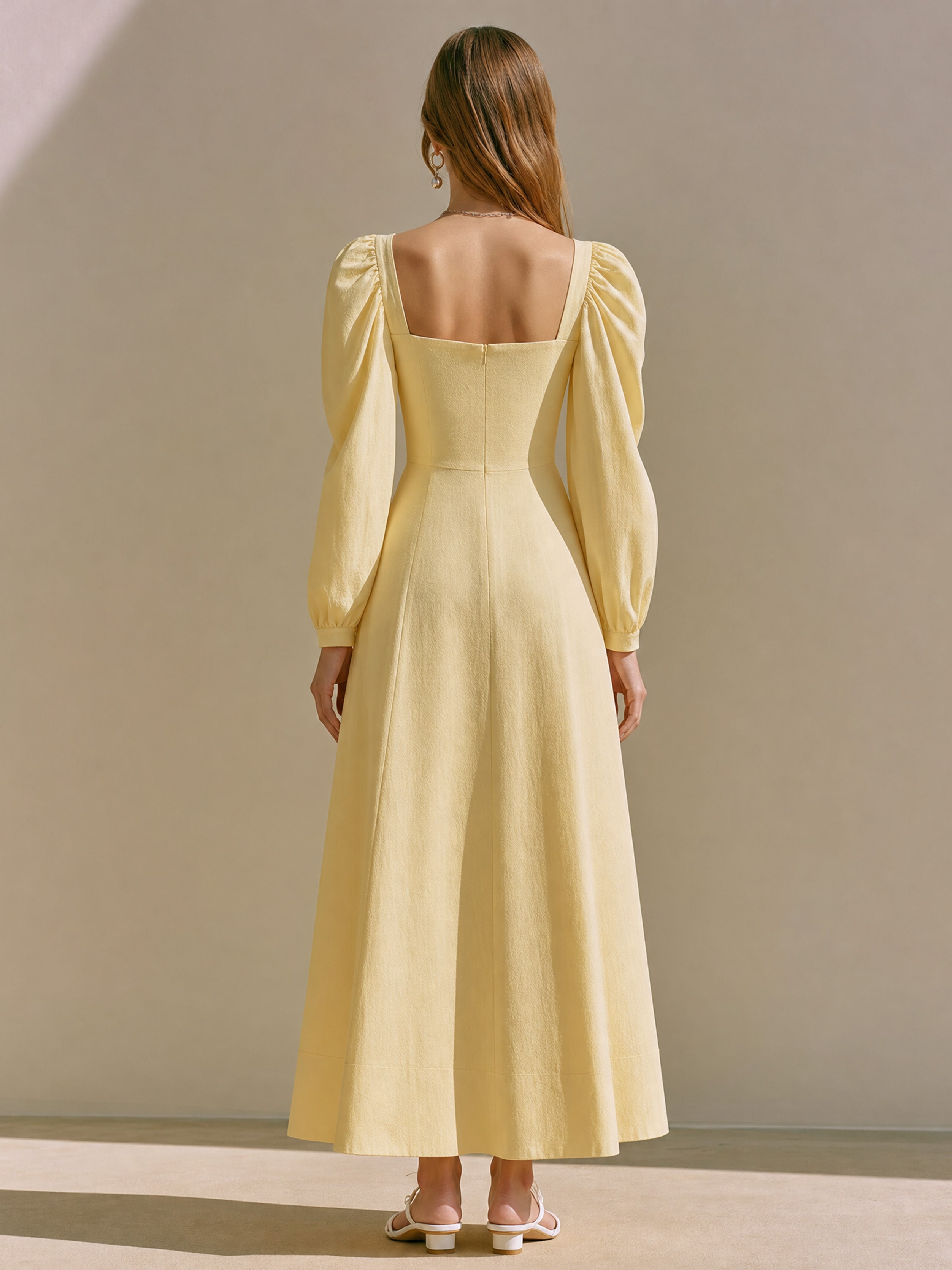 Elegant Pale Yellow Linen Blend Dress: Square Neck Maxi Dress