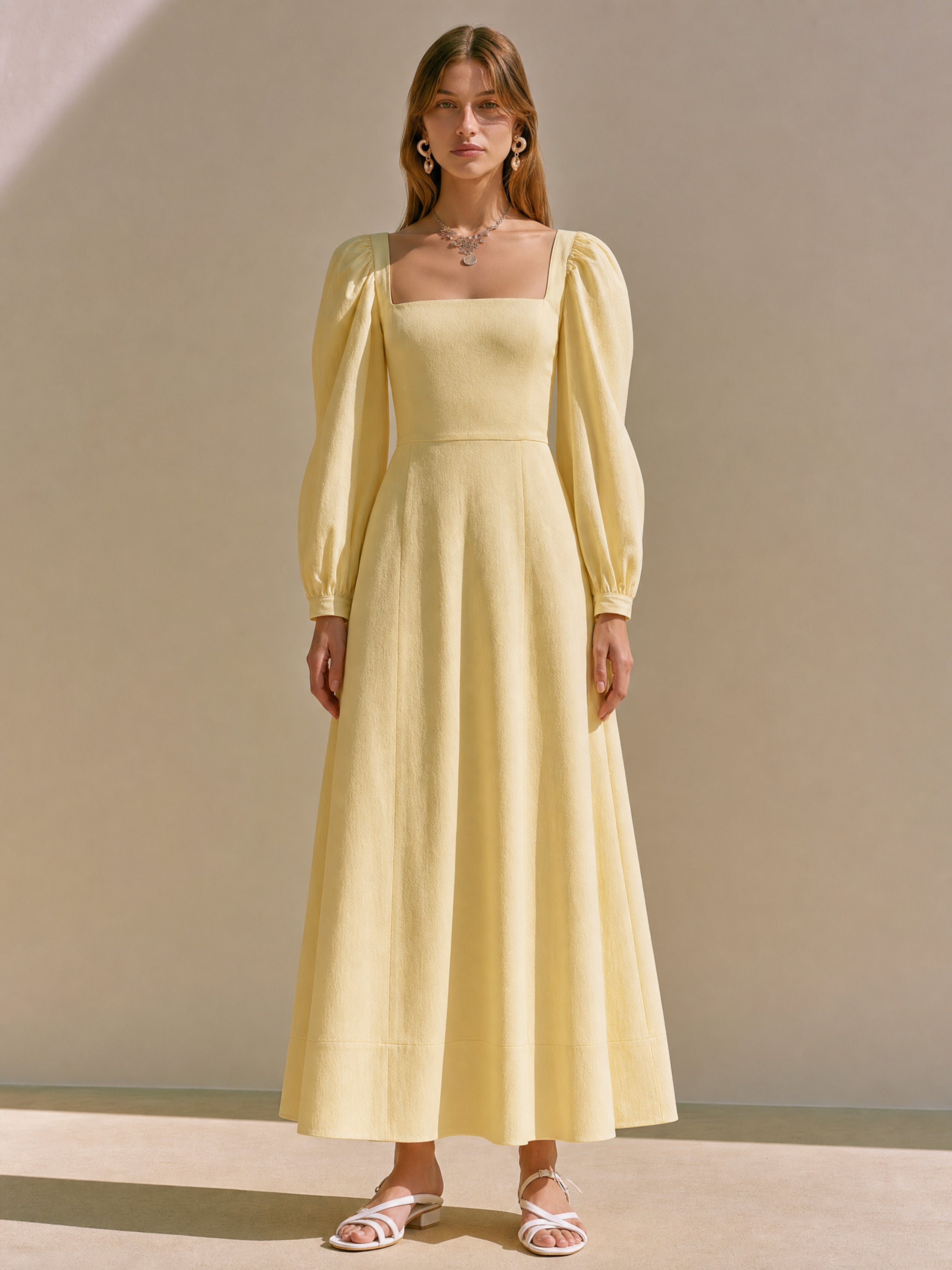Elegant Pale Yellow Linen Blend Dress: Square Neck Maxi Dress