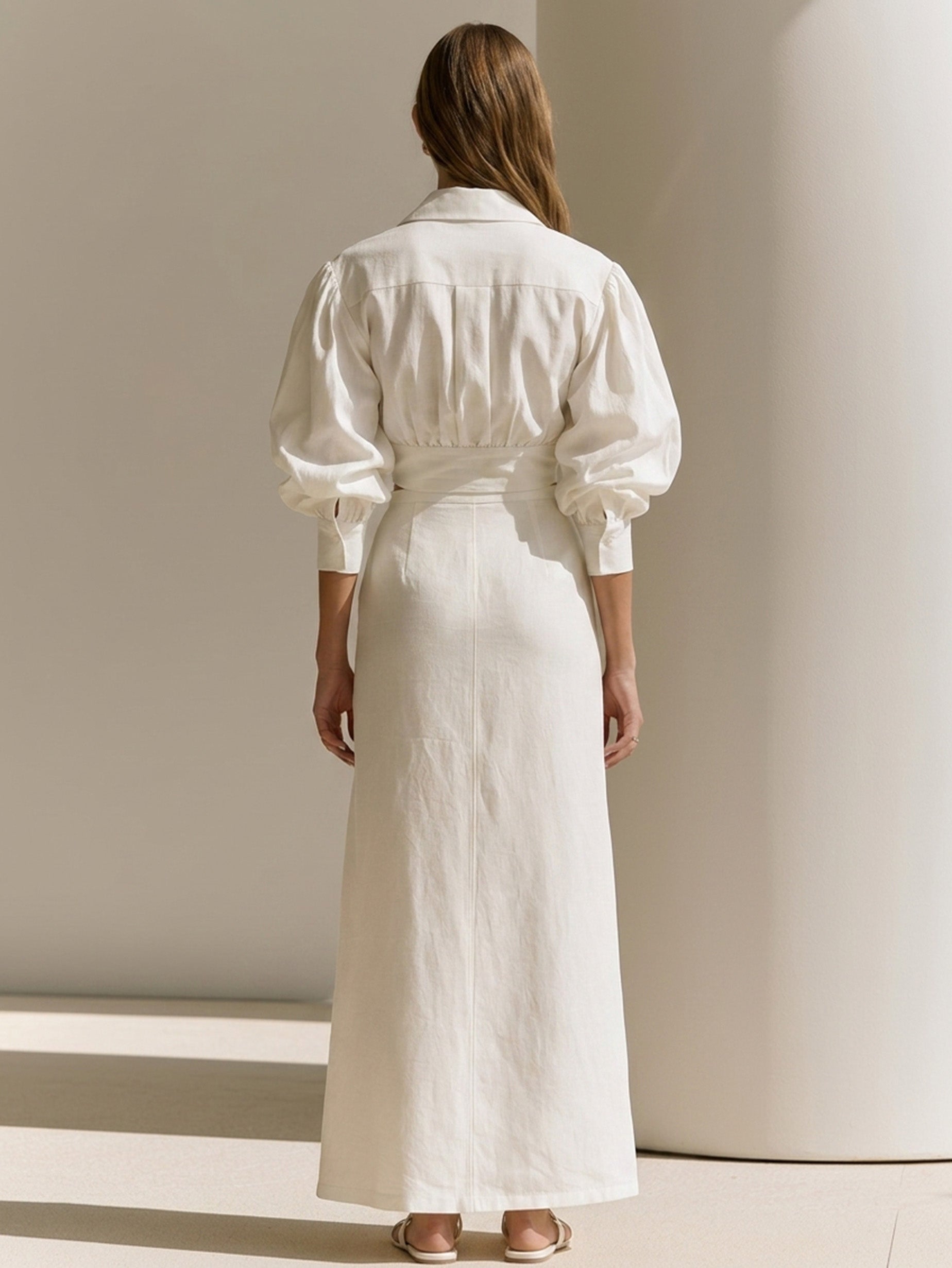 Elegant White Linen Blend Suit: Button-Up Shirt & Midi Skirt Set