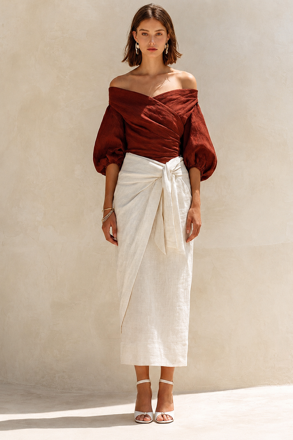 Elegant Burgundy Linen Shirt And White Skirt Set