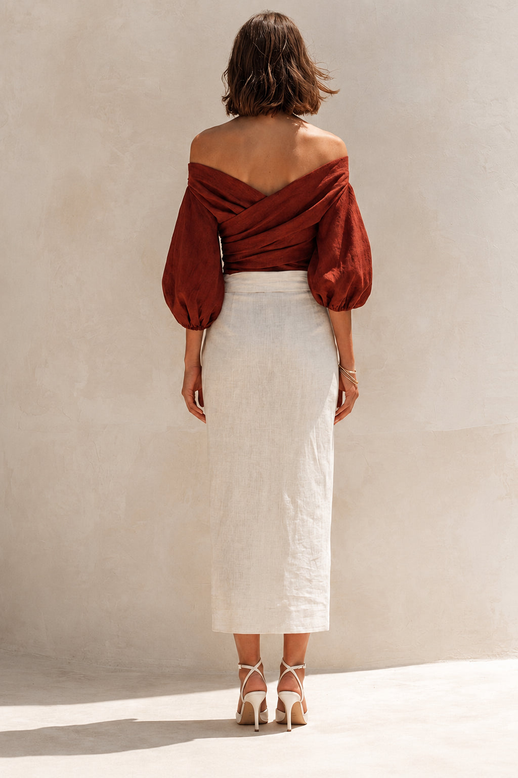Elegant Burgundy Linen Shirt And White Skirt Set