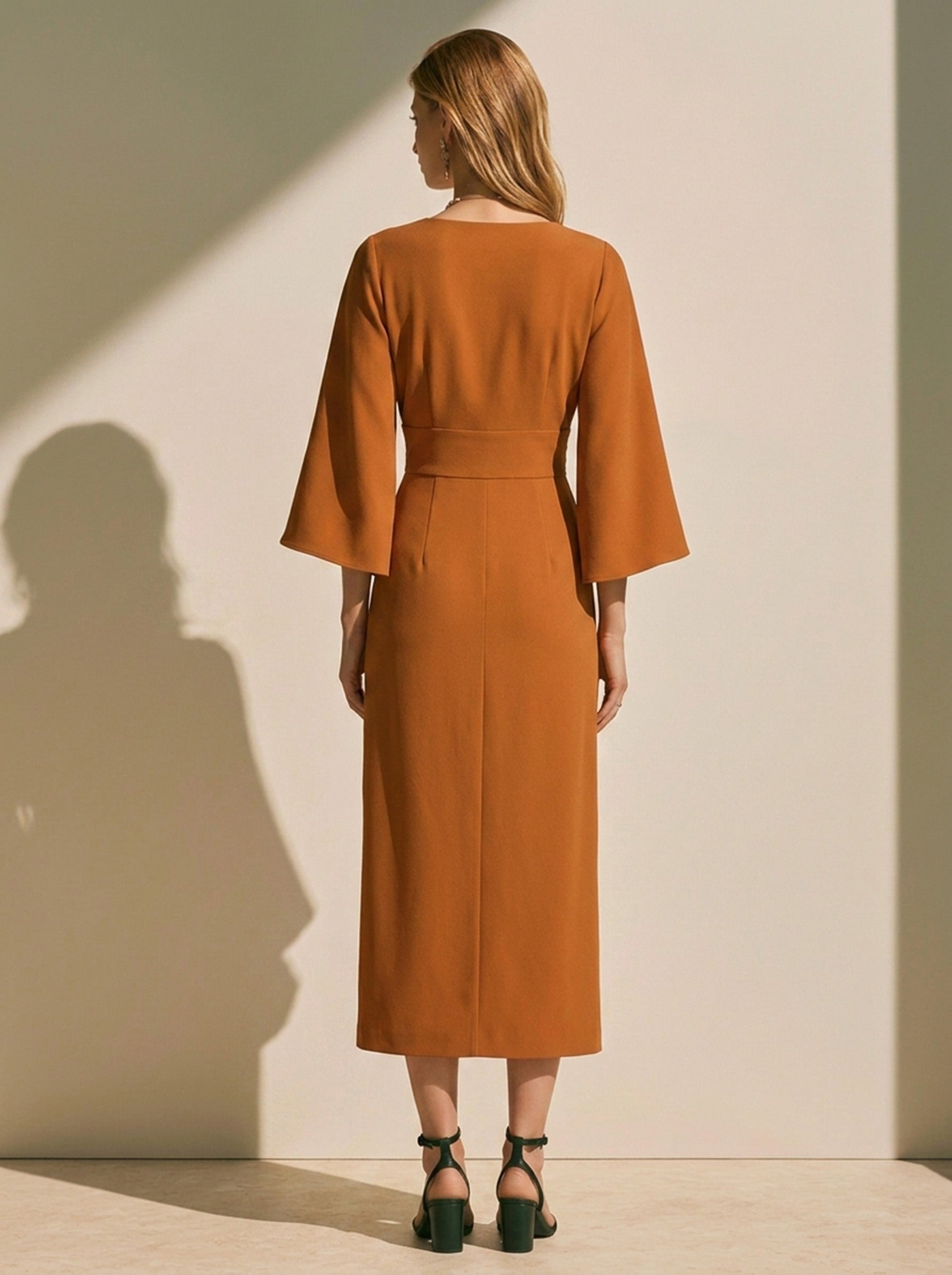 Elegant Brown Dress: V-Neck Flare Sleeve Madi Dress