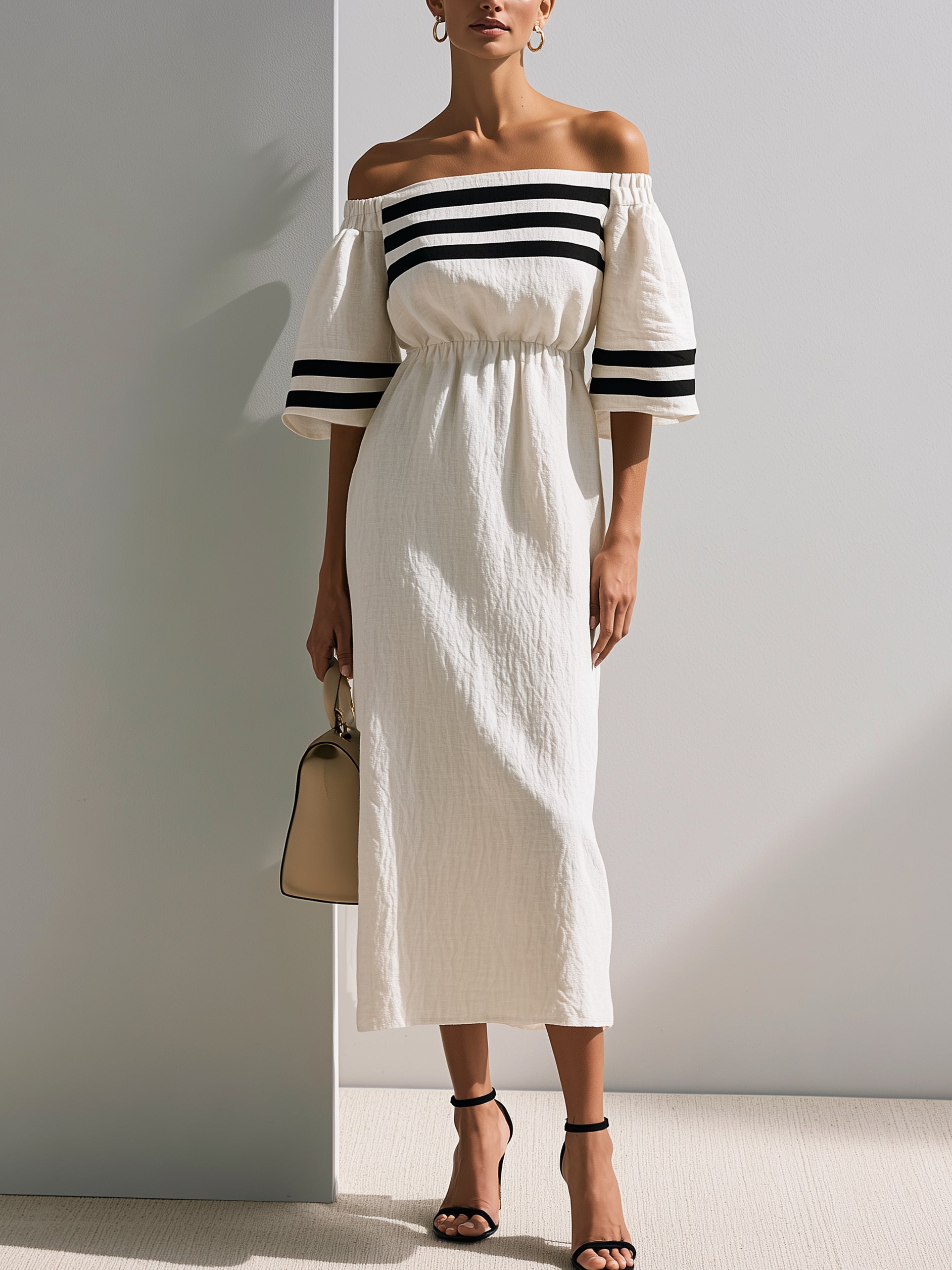 Linen Ivory & Black Stripe Off-The-Shoulder Midi Dress