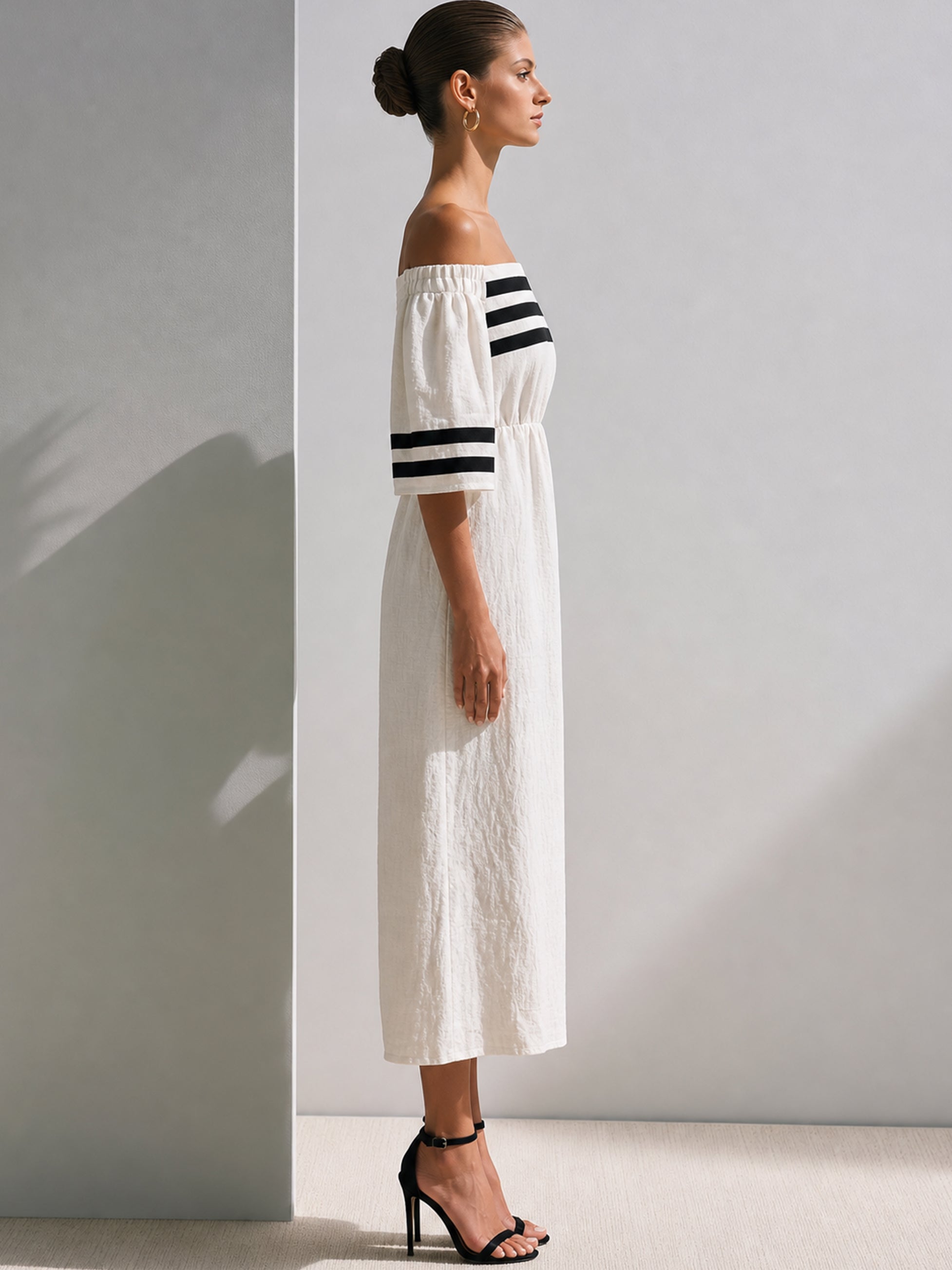 Linen Ivory & Black Stripe Off-The-Shoulder Midi Dress