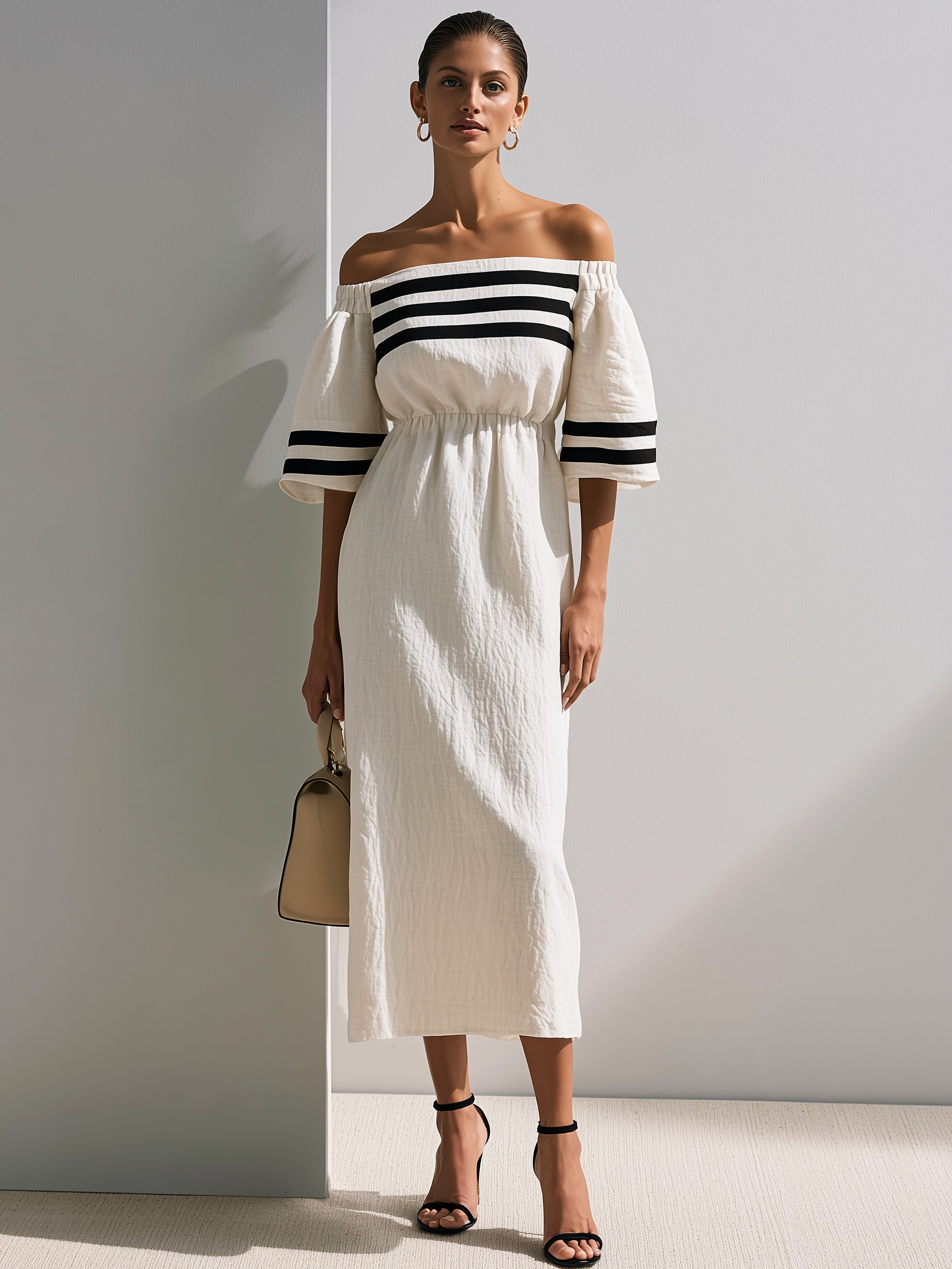 Linen Ivory & Black Stripe Off-The-Shoulder Midi Dress