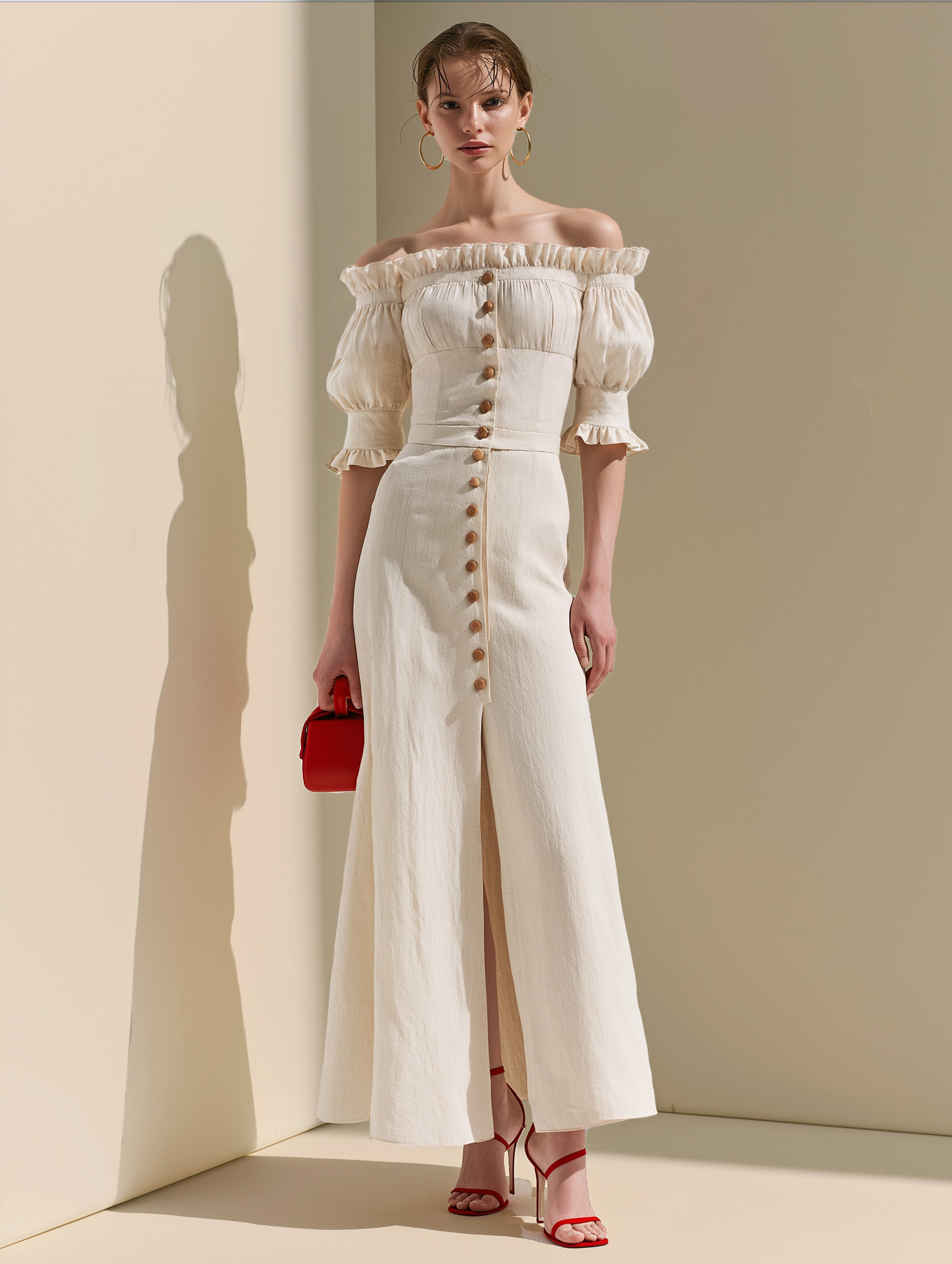 Relaxed Ivory Cold Shoulder Puff Sleeve Waisted Linen Dress
