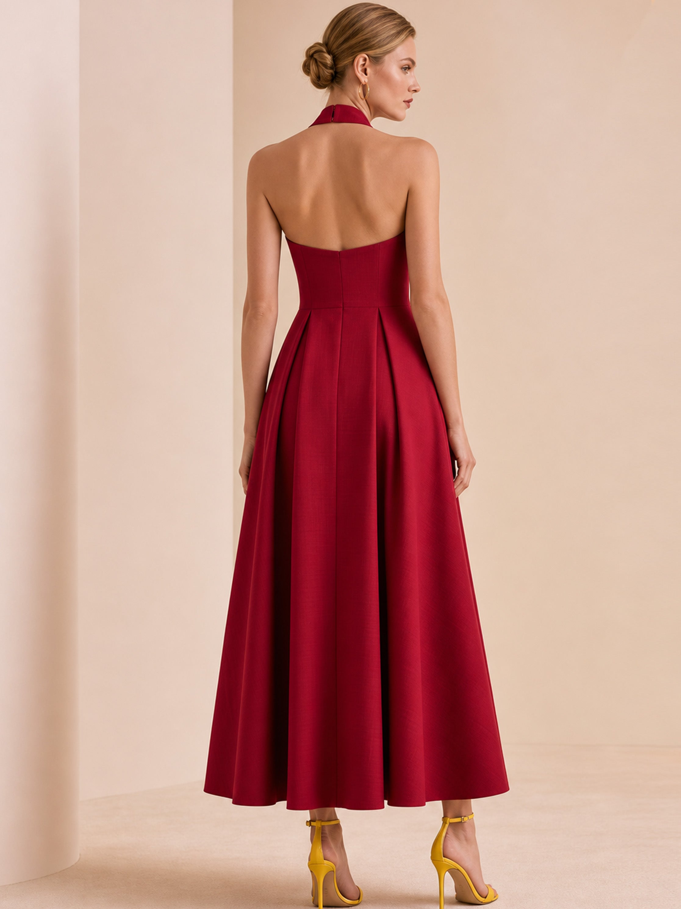 Burgundy Halter Deep V Gold Button Waisted A-Line Maxi Dress