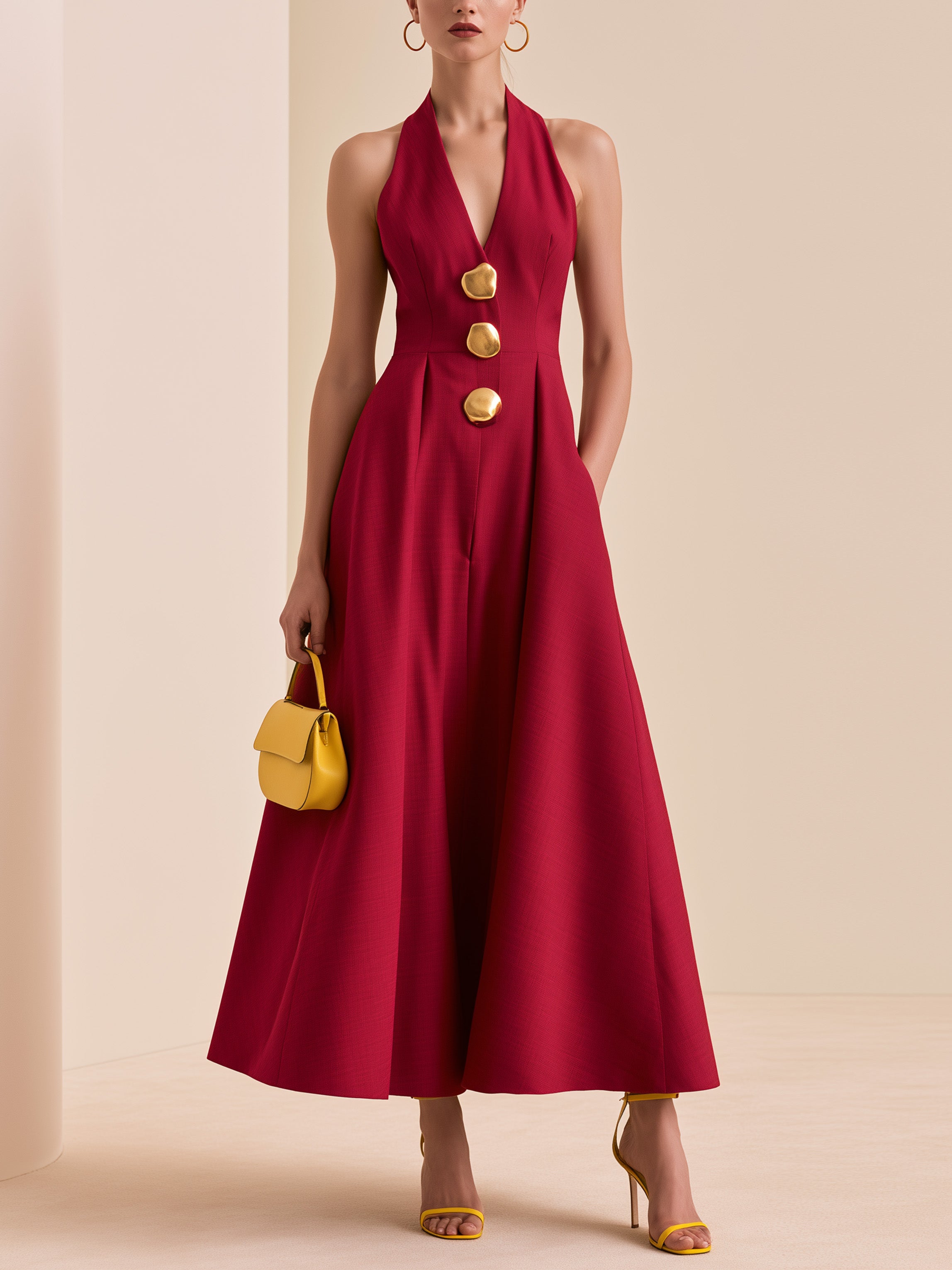 Burgundy Halter Deep V Gold Button Waisted A-Line Maxi Dress