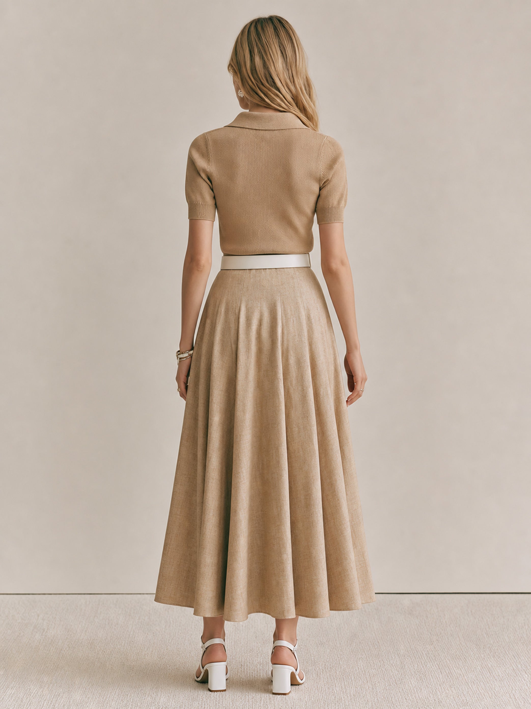 Elegant Khaki Sweater Set: V-Neck Knit Top & High Waist Midi Skirt
