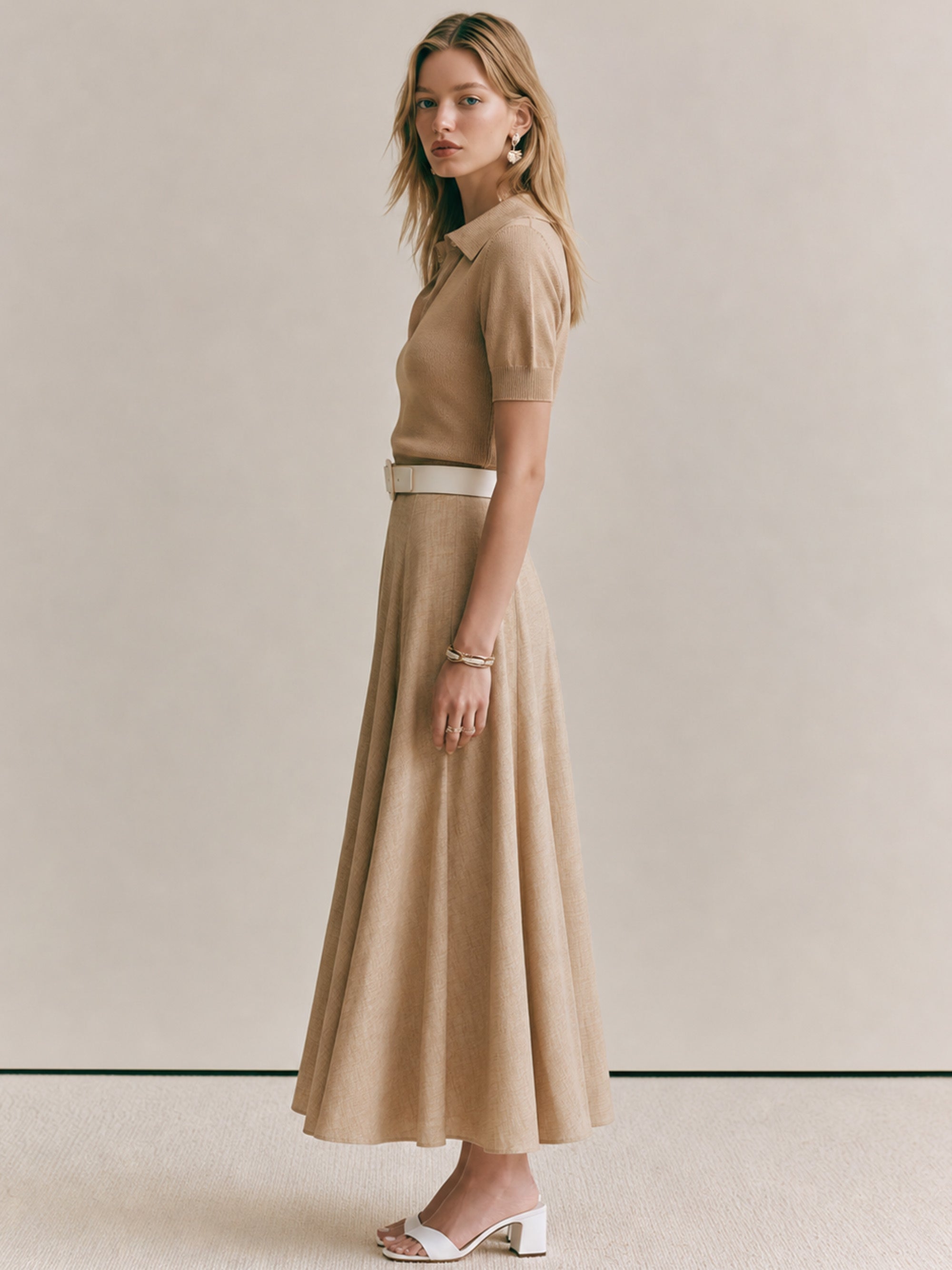 Elegant Khaki Sweater Set: V-Neck Knit Top & High Waist Midi Skirt
