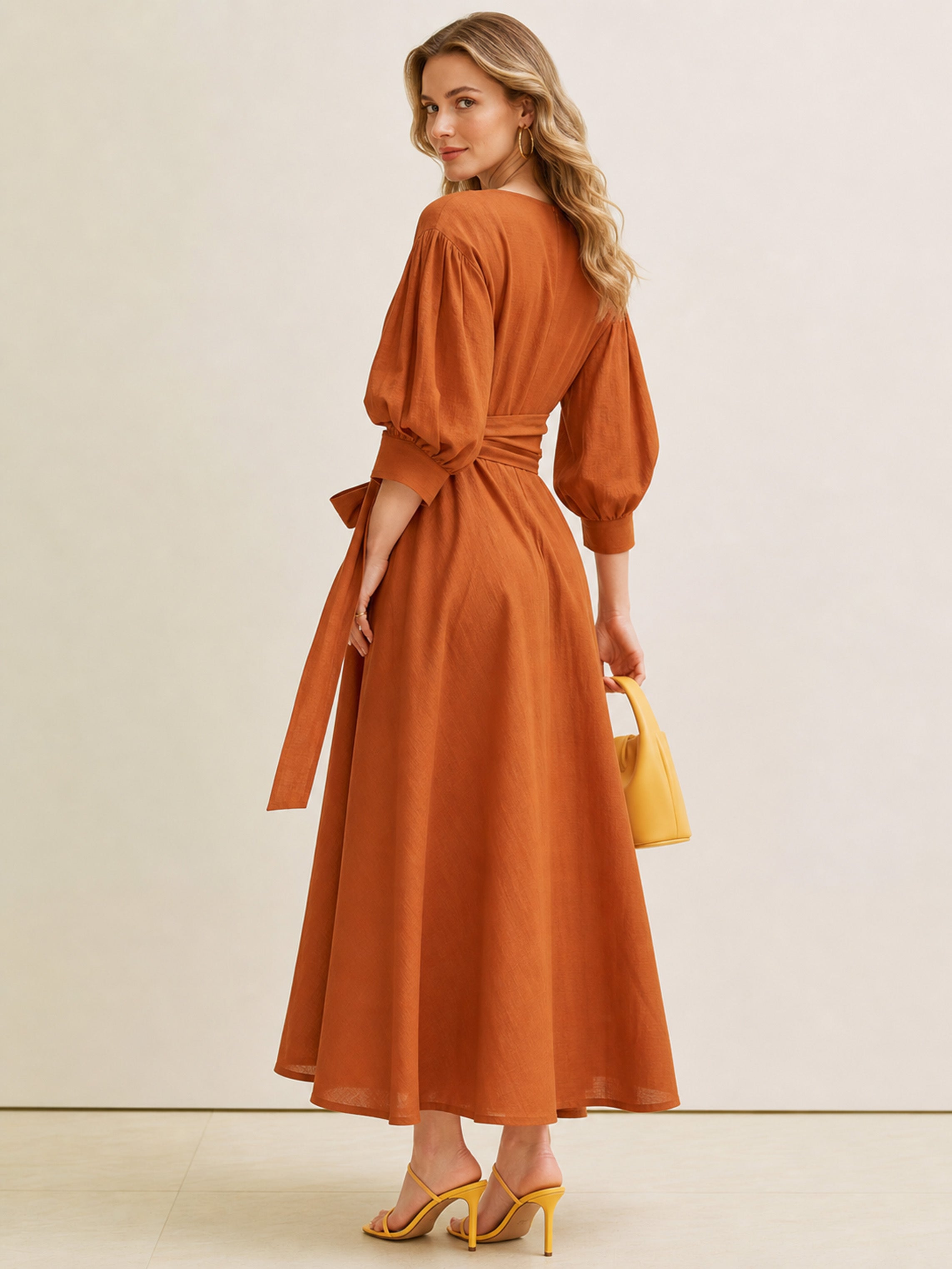 Elegant Rust Textured Linen Wrap Waisted Long Dress