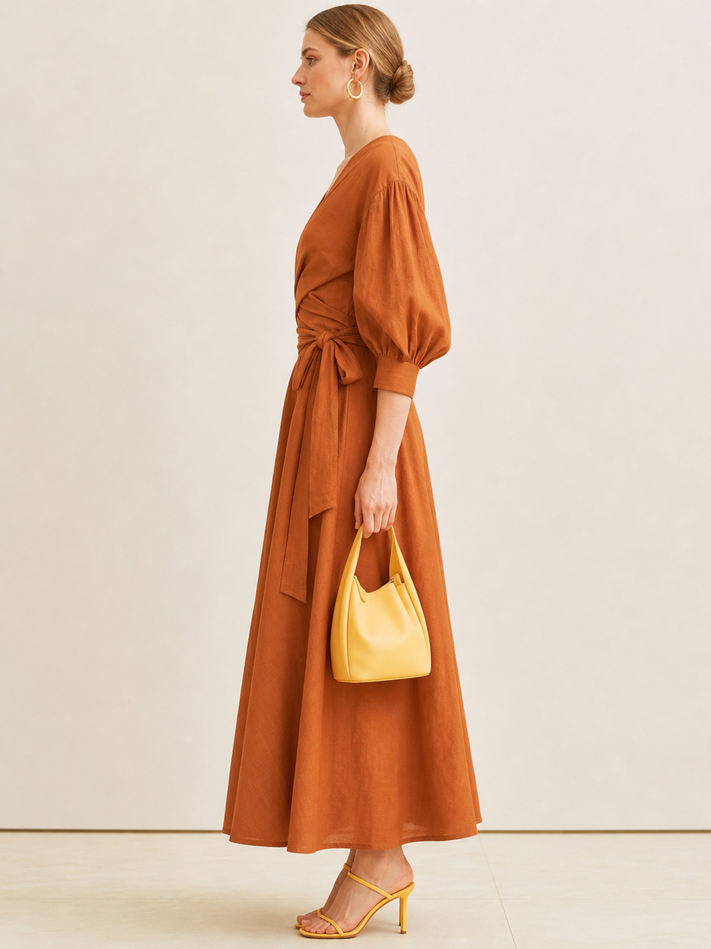 Elegant Rust Textured Linen Wrap Waisted Long Dress