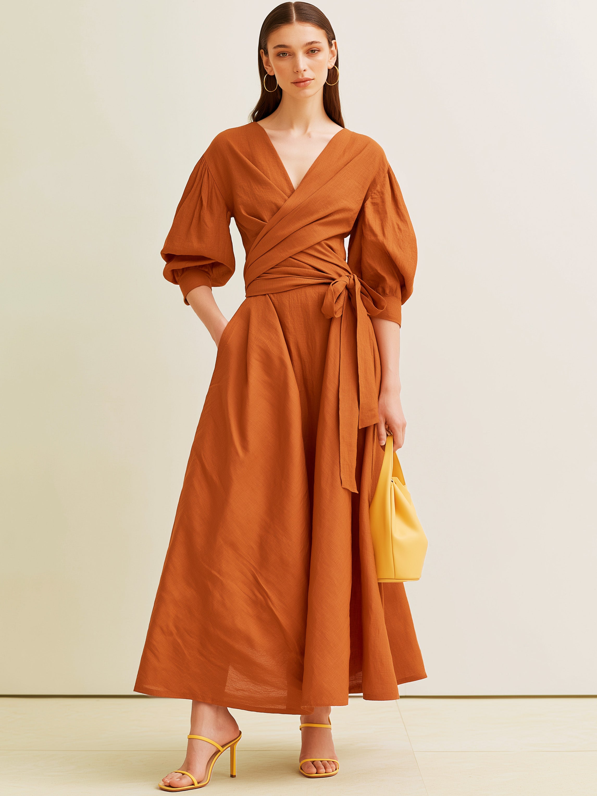 Elegant Rust Textured Linen Wrap Waisted Long Dress