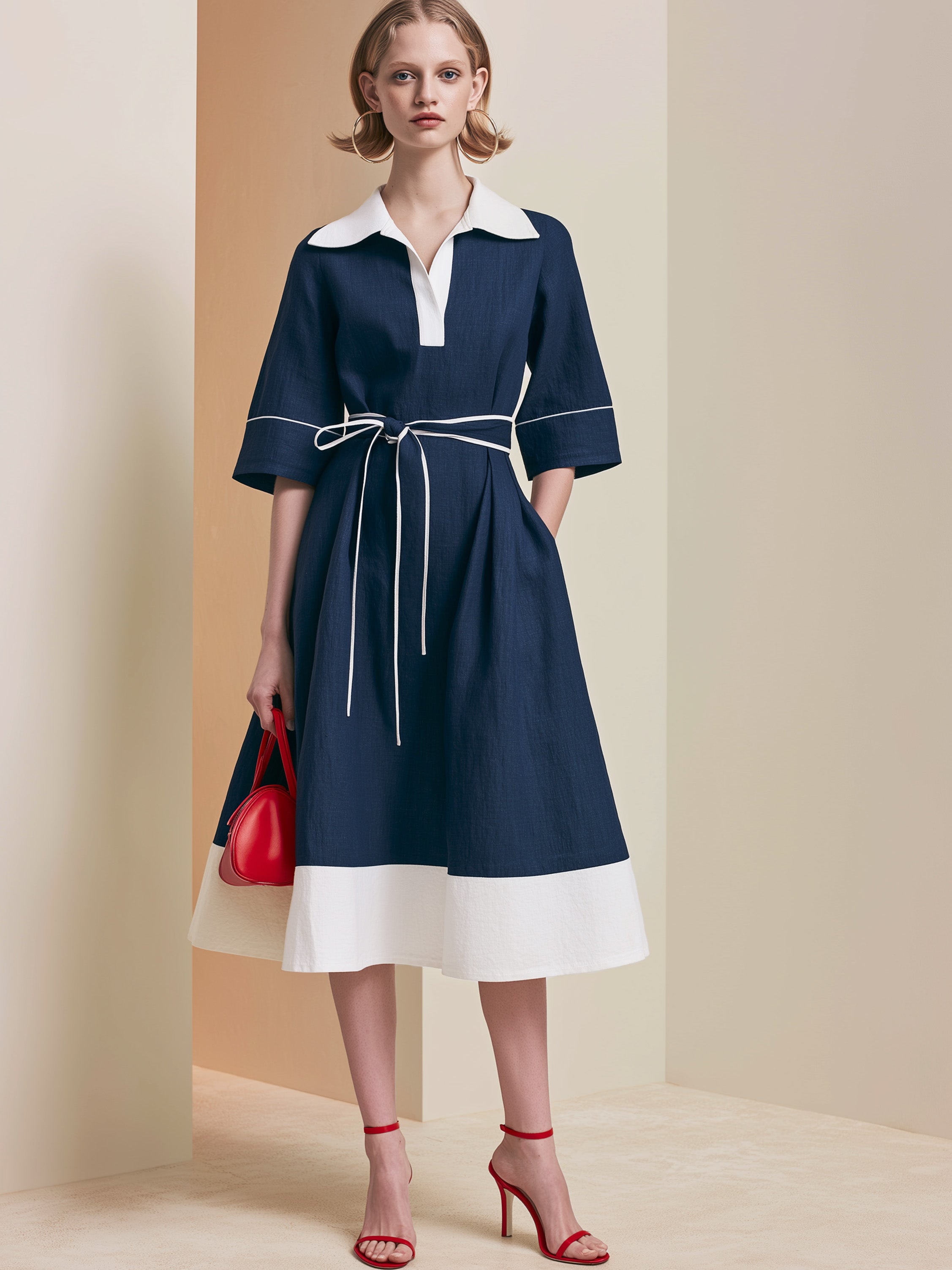 Navy White Contrast Collar Tie Waist Linen Midi Dress