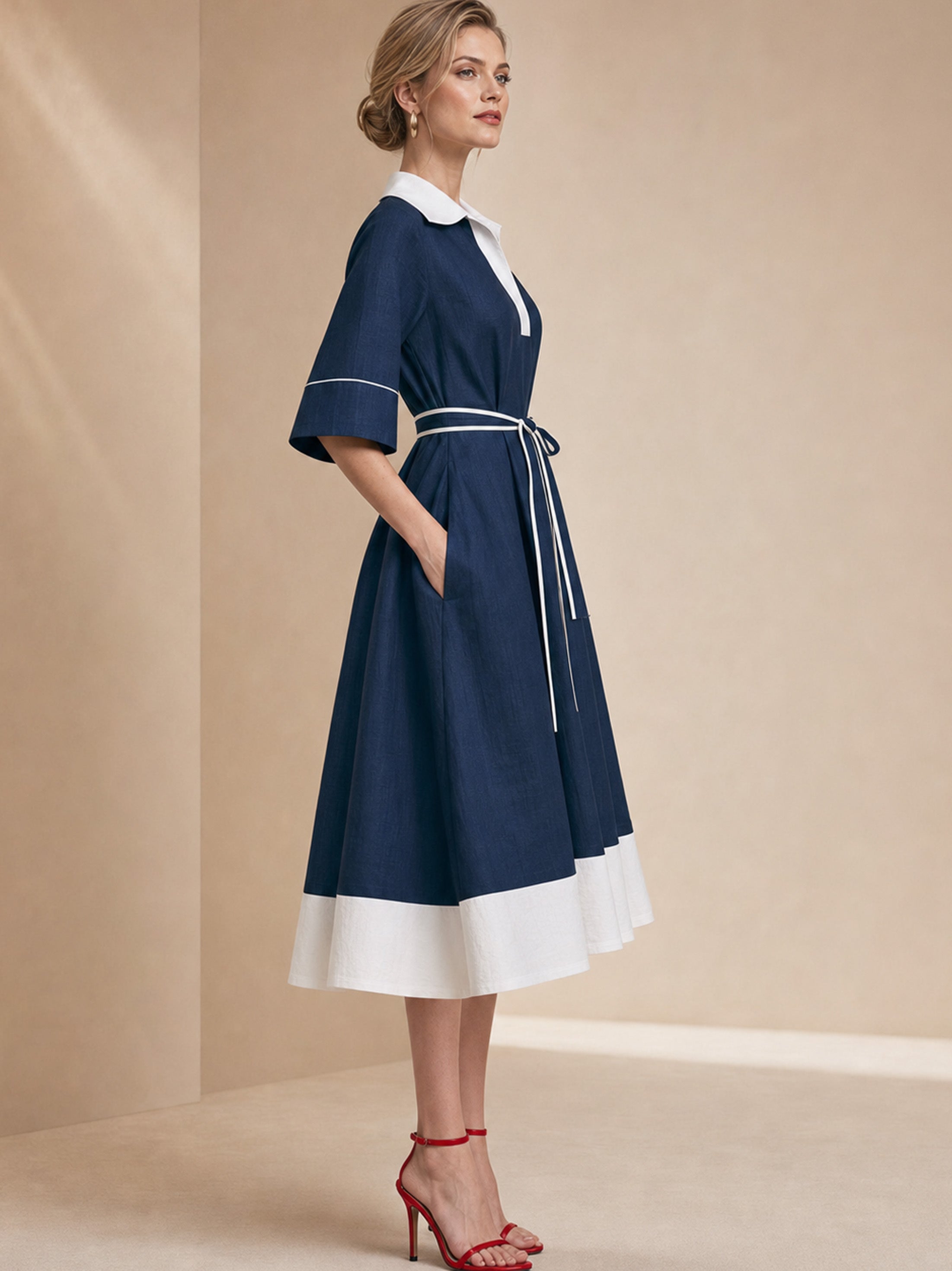 Navy White Contrast Collar Tie Waist Linen Midi Dress