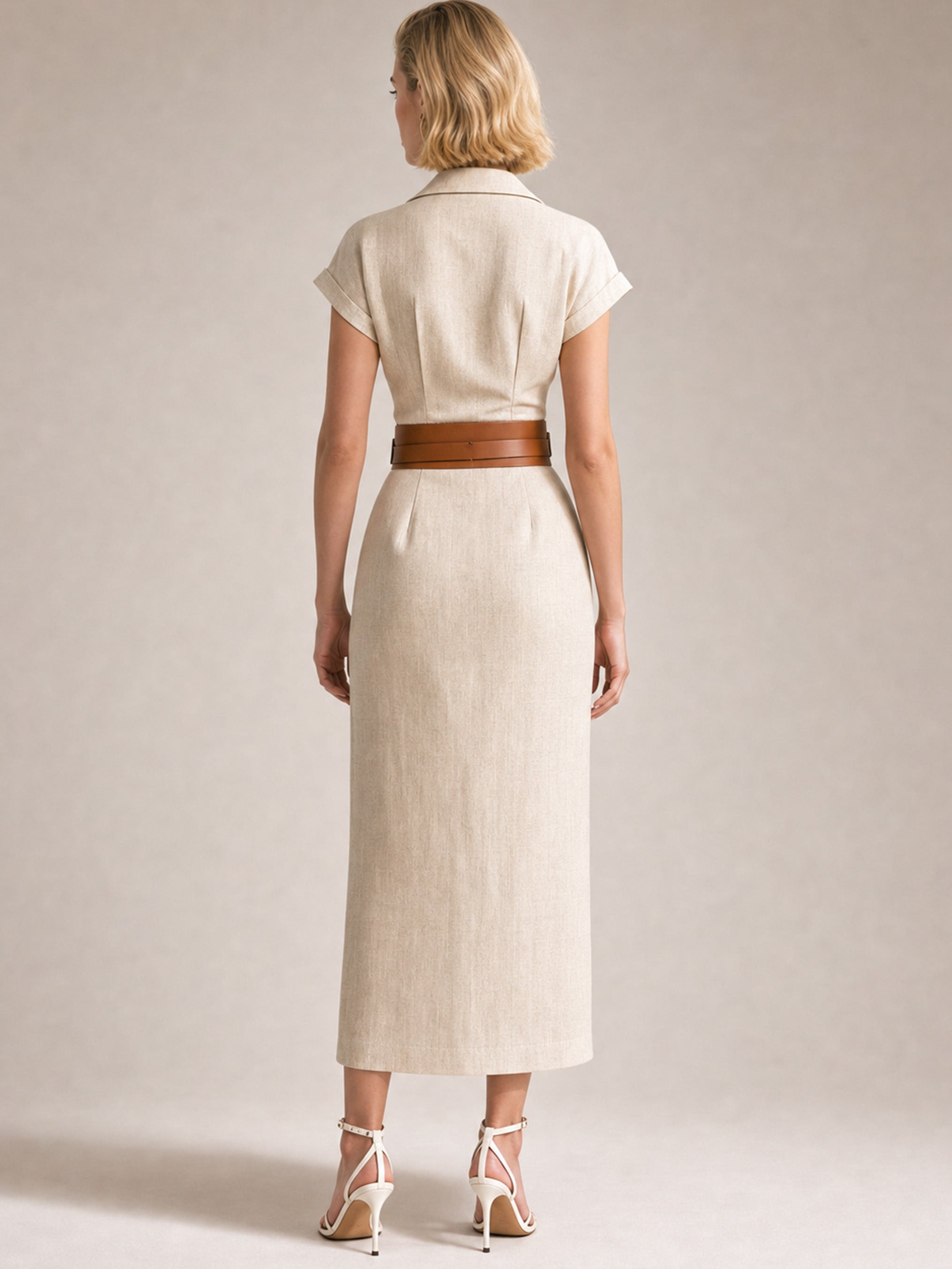 Elegant Ivory Dress: Short Sleeve V-Neck Belted Midi Dress