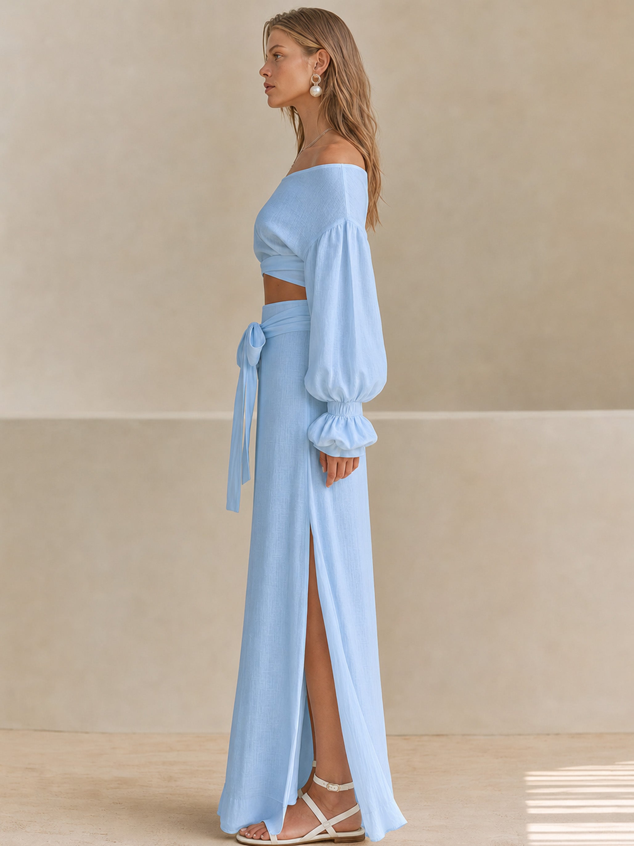 Elegant Sky Blue Linen Blend Set: Off-Shoulder Crop Top & Maxi Skirt