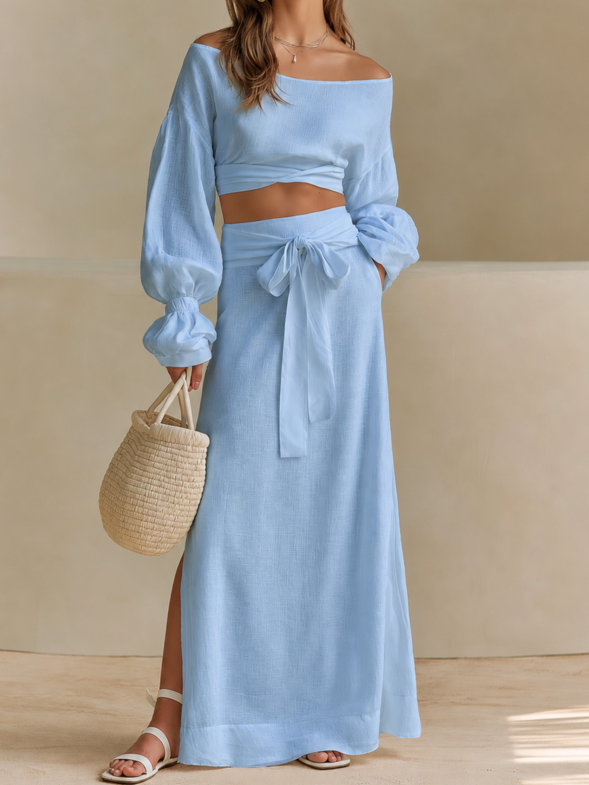 Elegant Sky Blue Linen Blend Set: Off-Shoulder Crop Top & Maxi Skirt