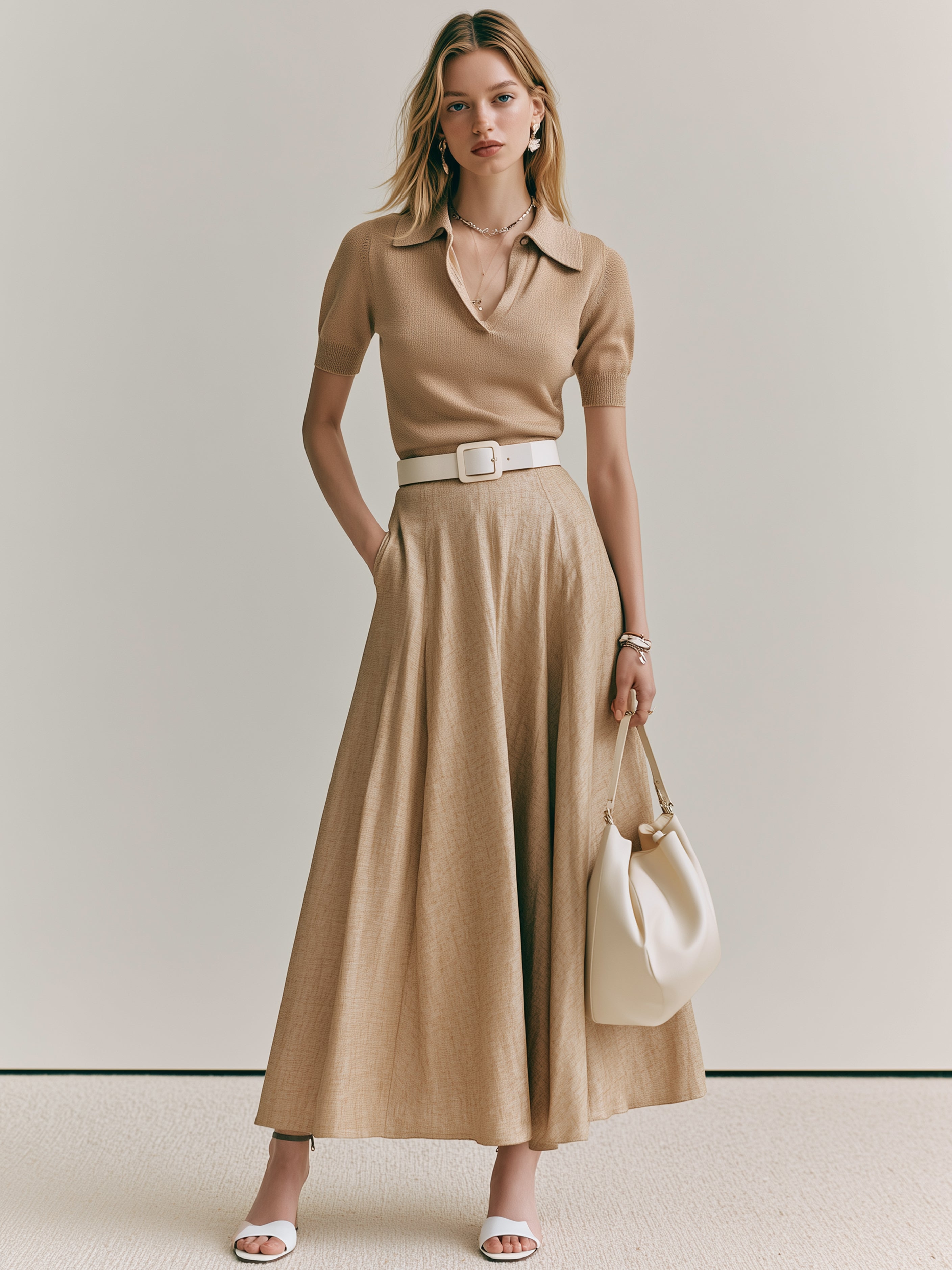Elegant Khaki Sweater Set: V-Neck Knit Top & High Waist Midi Skirt
