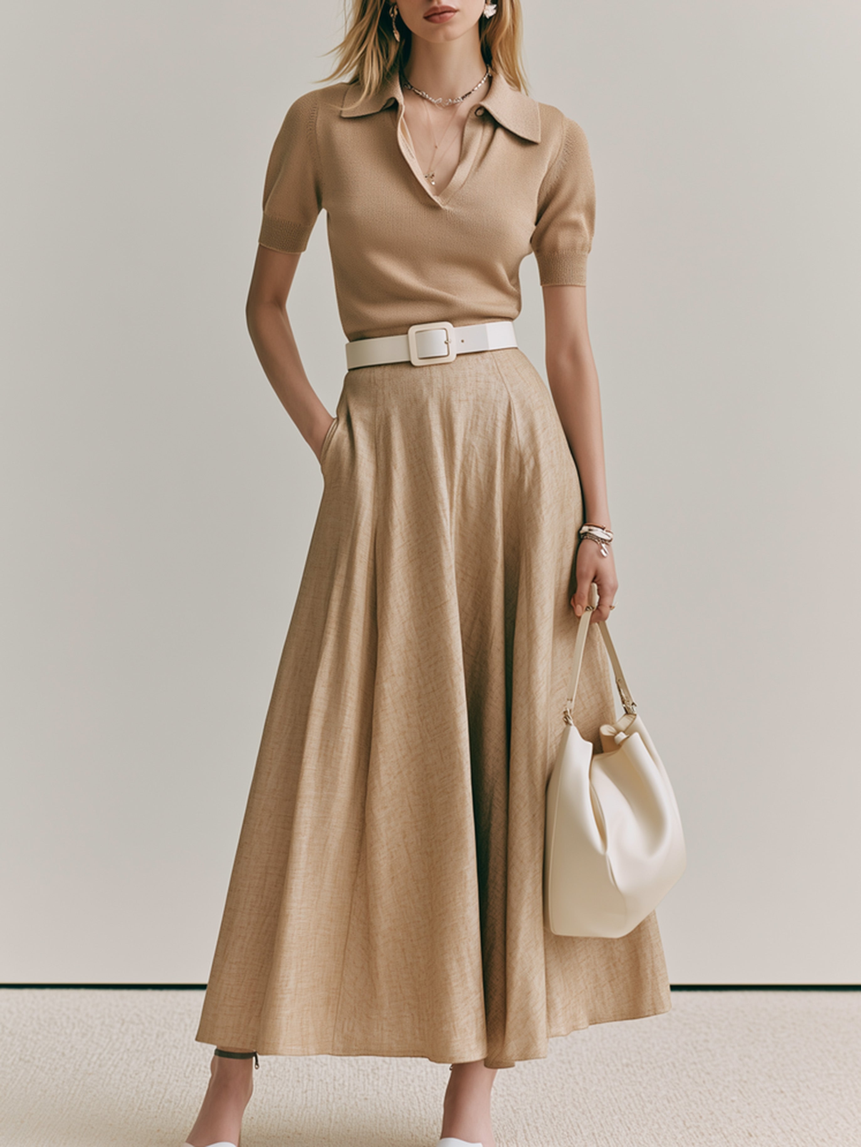 Elegant Khaki Sweater Set: V-Neck Knit Top & High Waist Midi Skirt