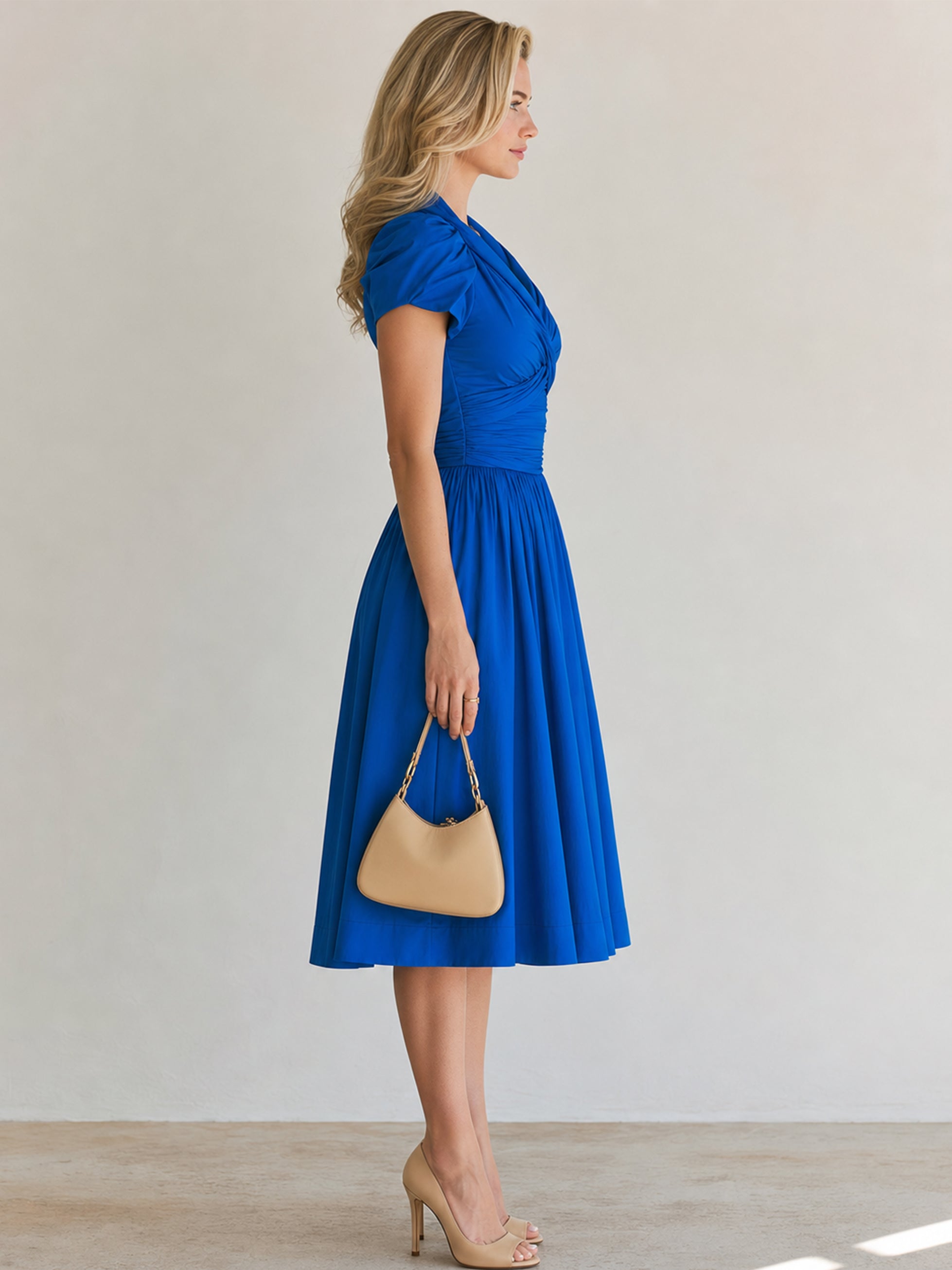 Elegant Cobalt Blue Twist V-Neck Midi Dress