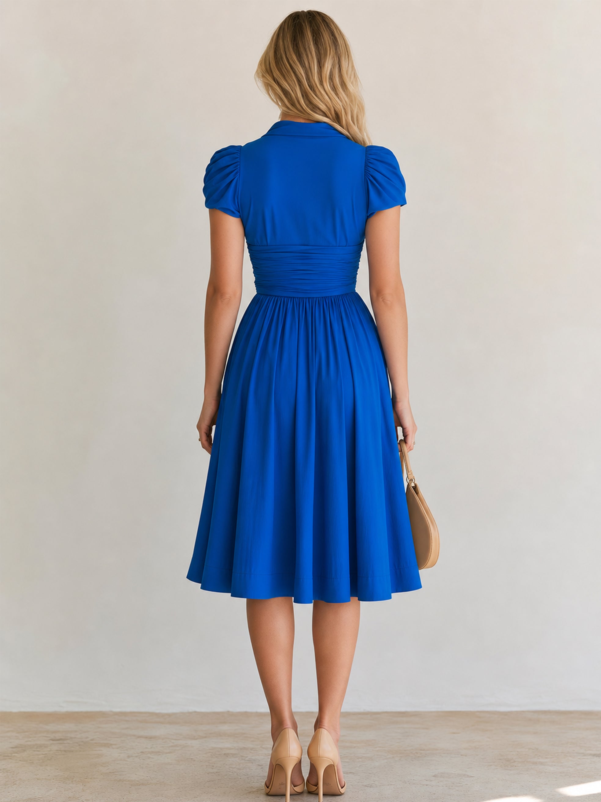 Elegant Cobalt Blue Twist V-Neck Midi Dress