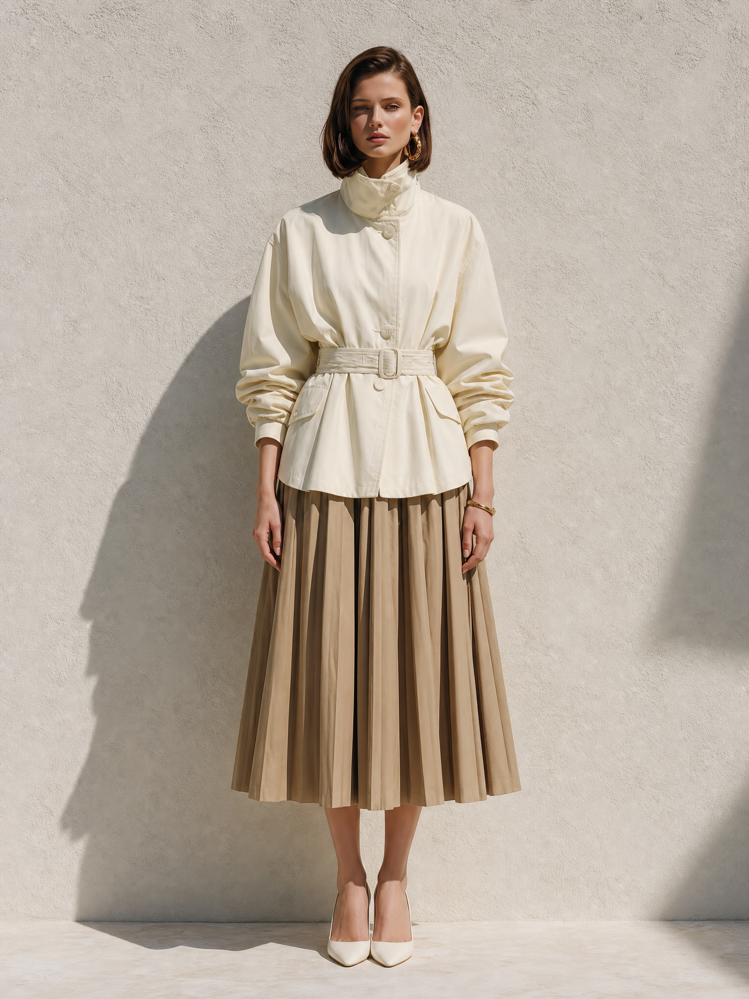 Off-white Short Trench Coat And Pleated Skirt Set