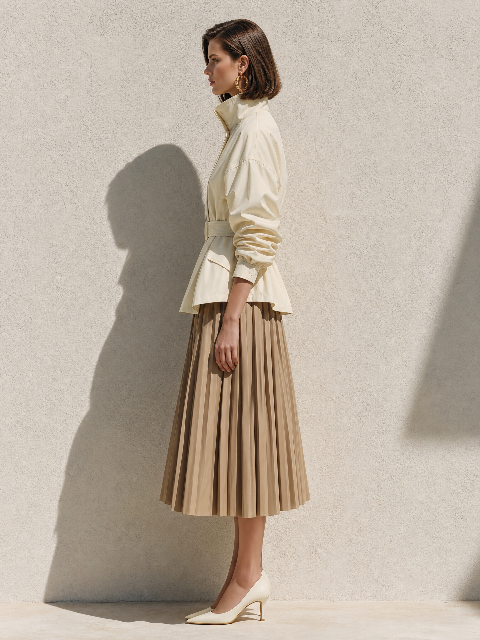 Off-white Short Trench Coat And Pleated Skirt Set