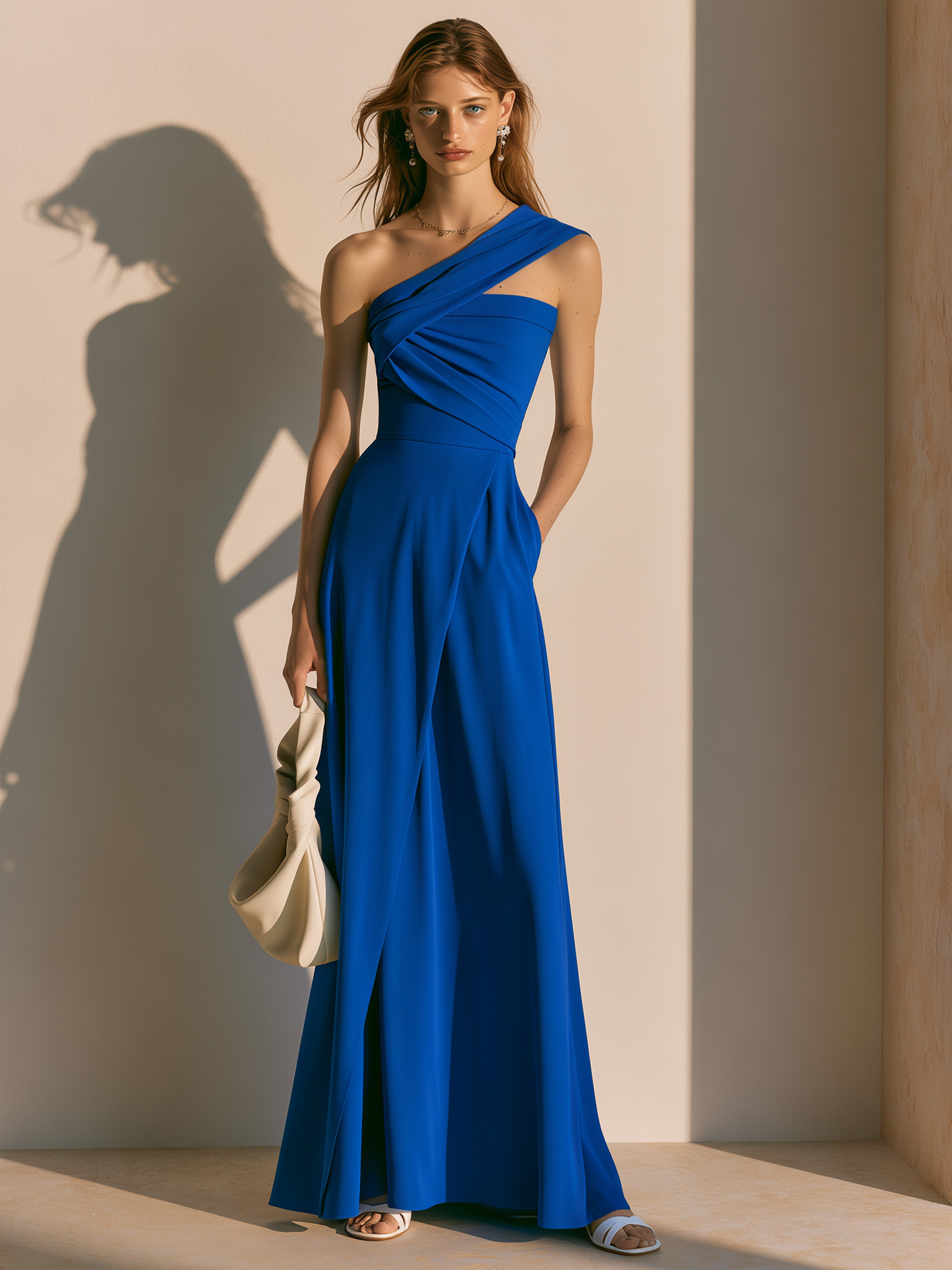 Elegant Royal Blue Dress: One-Shoulder Ruched Maxi Dress