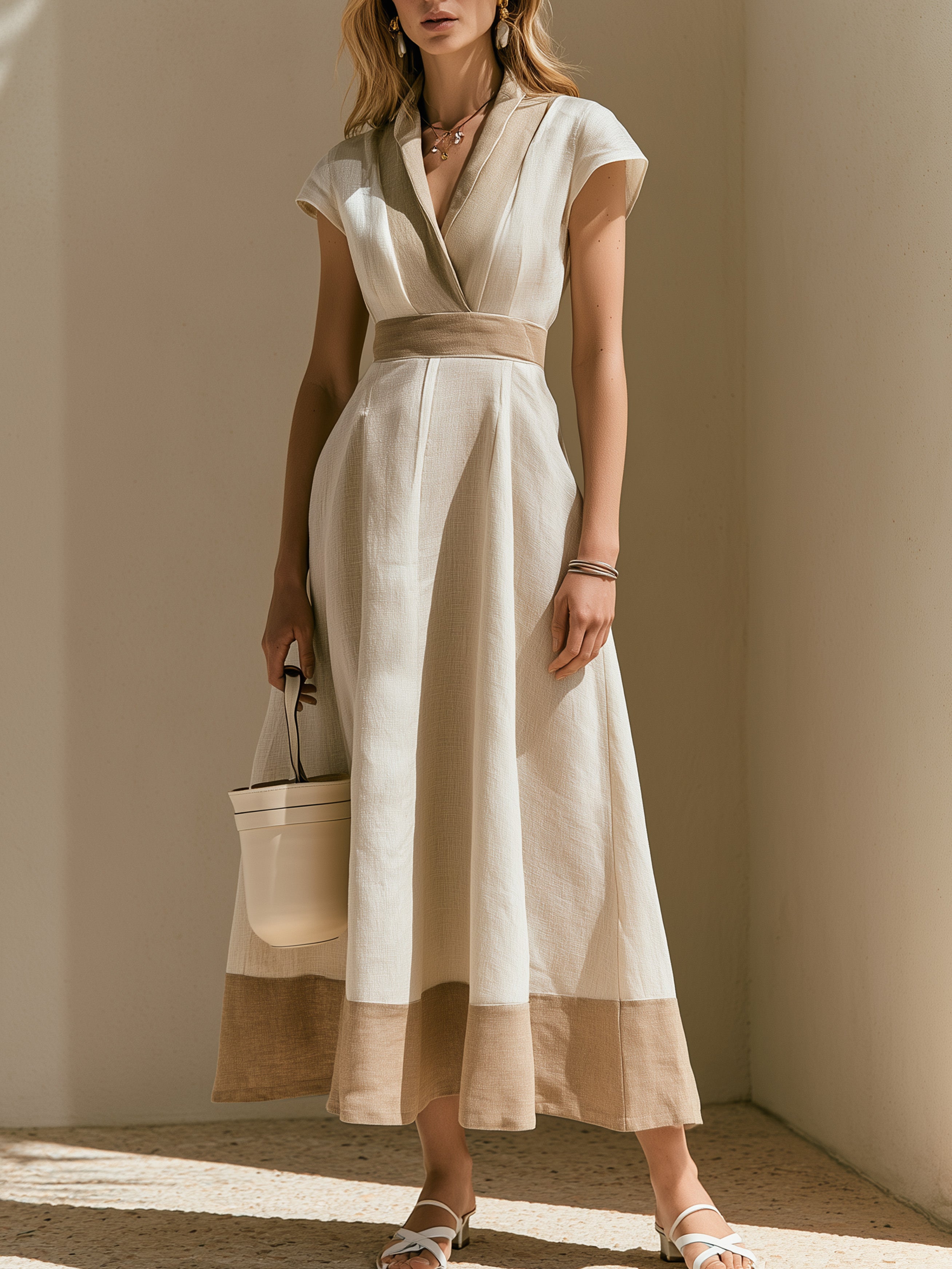 Elegant Ivory Linen Blend Dress: Short Sleeve V-Neck Color Block Maxi Dress