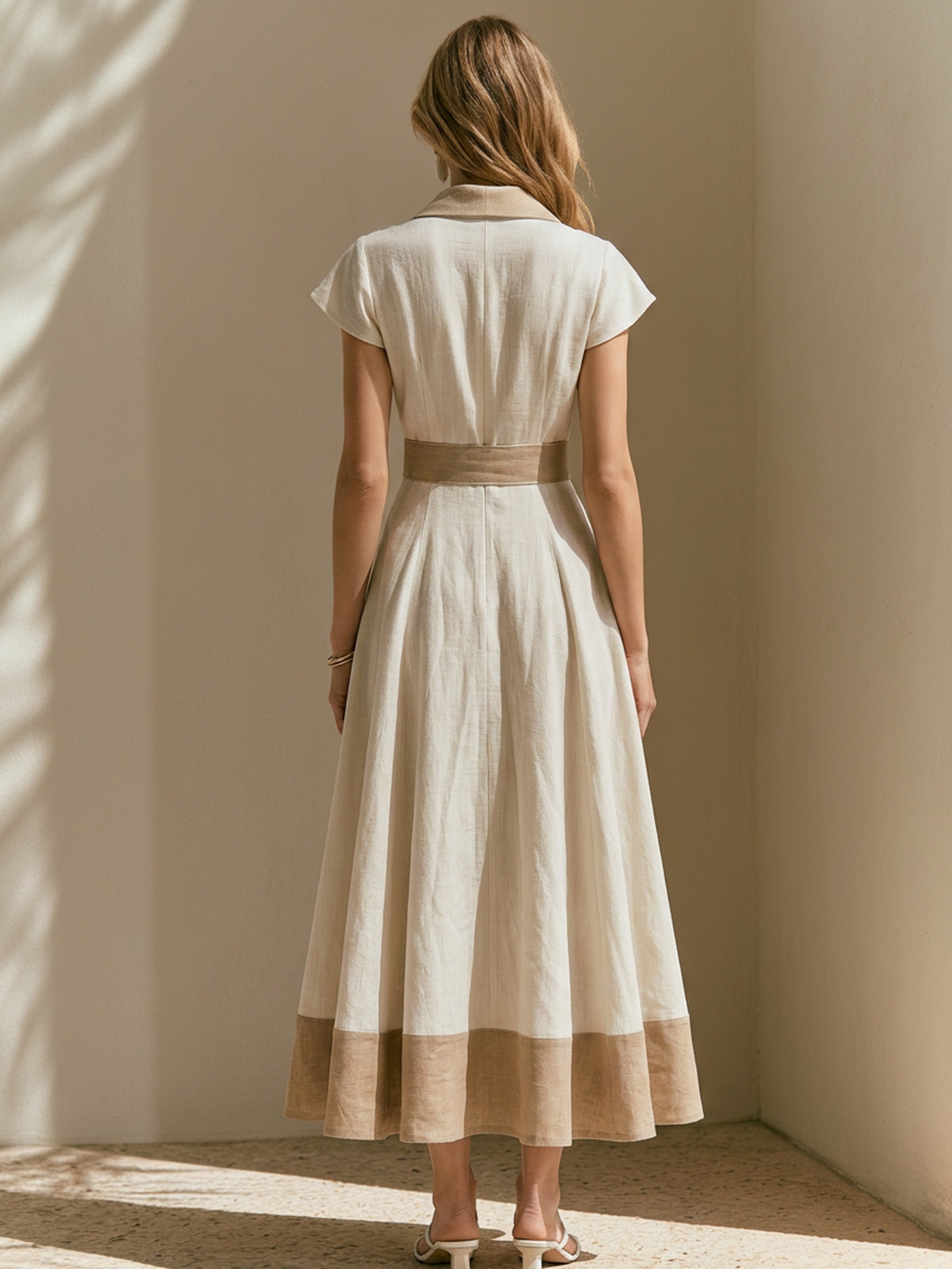 Elegant Ivory Linen Blend Dress: Short Sleeve V-Neck Color Block Maxi Dress