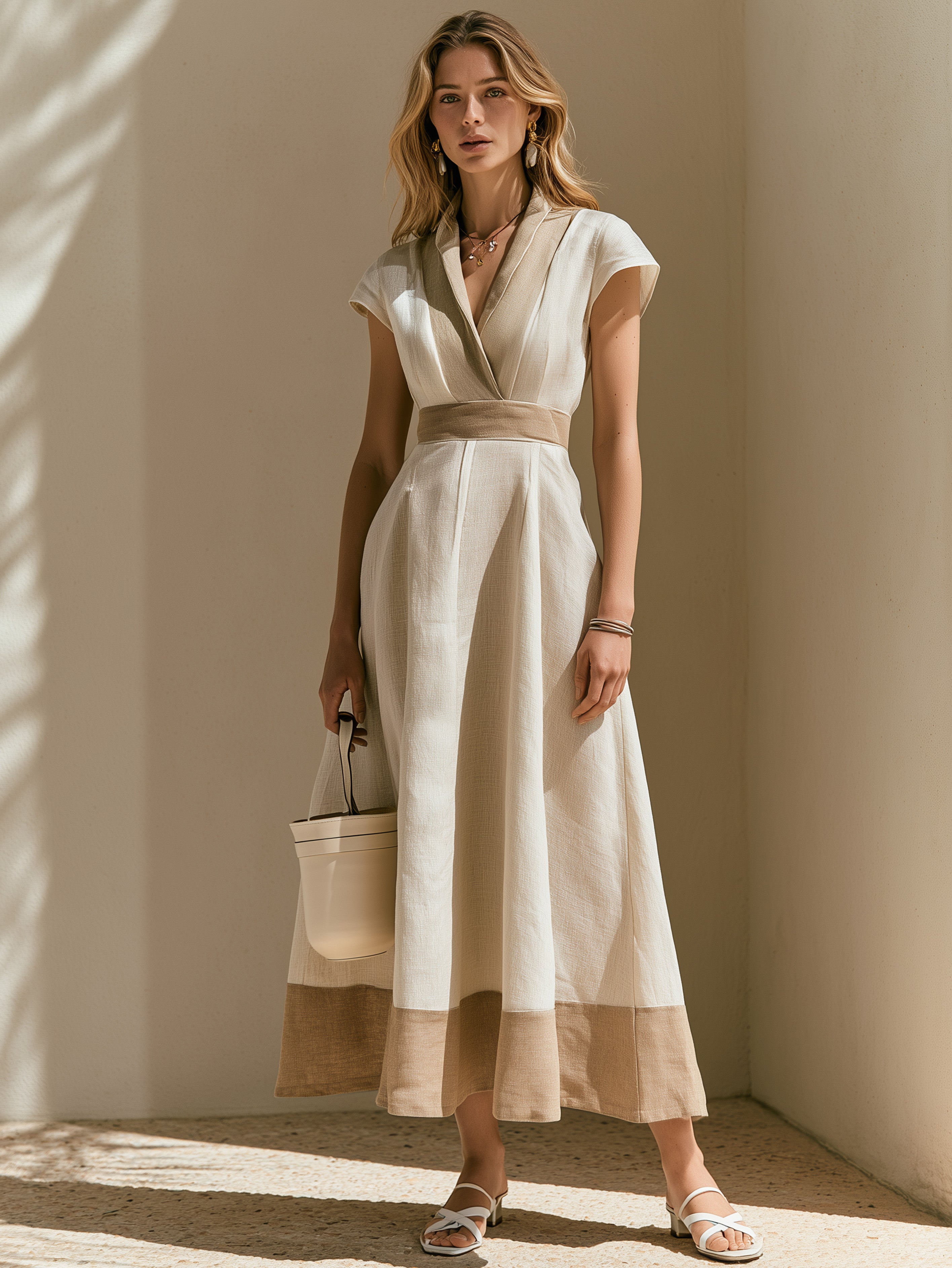 Elegant Ivory Linen Blend Dress: Short Sleeve V-Neck Color Block Maxi Dress