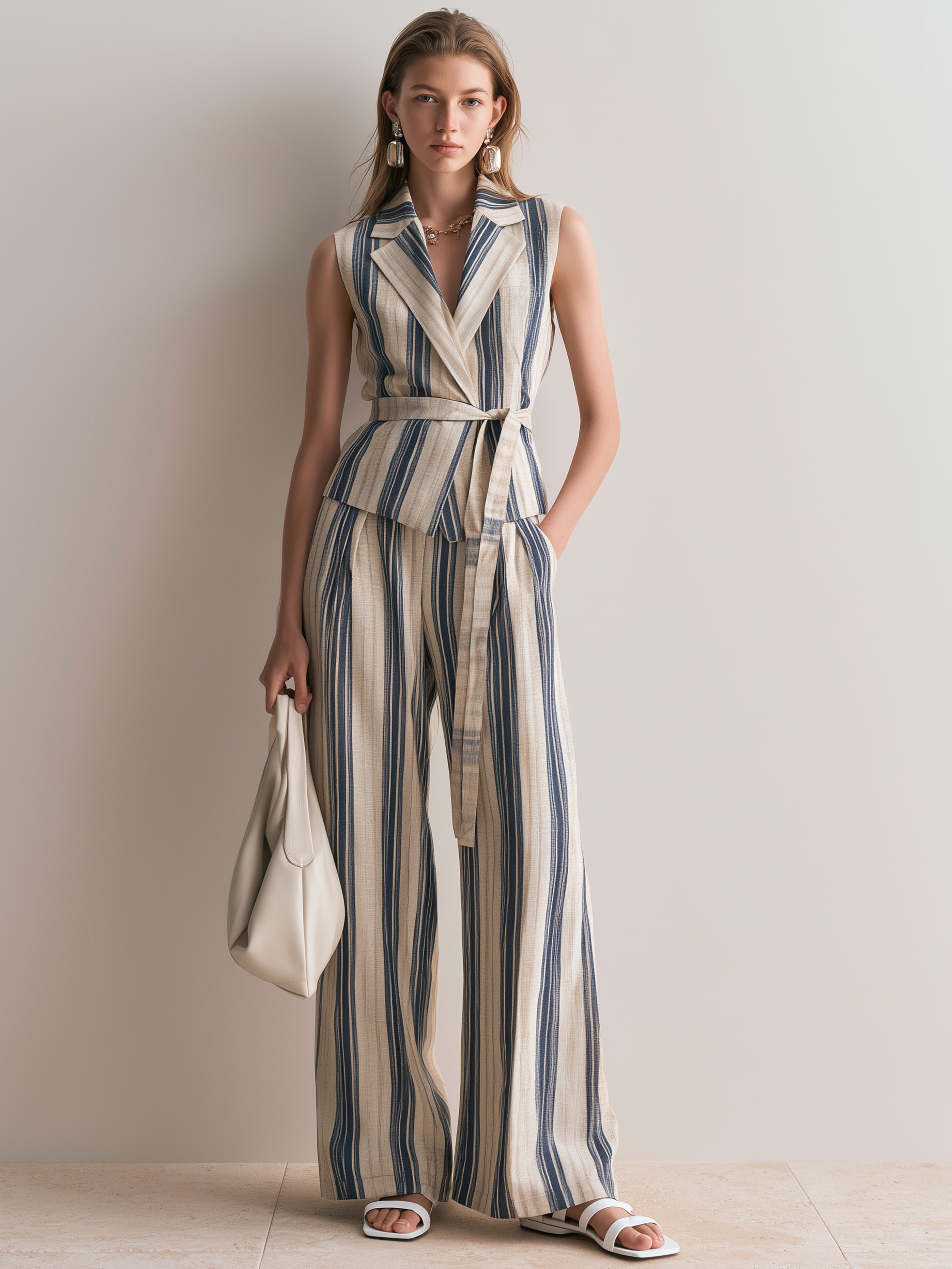 Elegant Blue Striped Cotton-Linen Blend Set: Sleeveless Tie-Front Vest And Wide-Leg Trousers