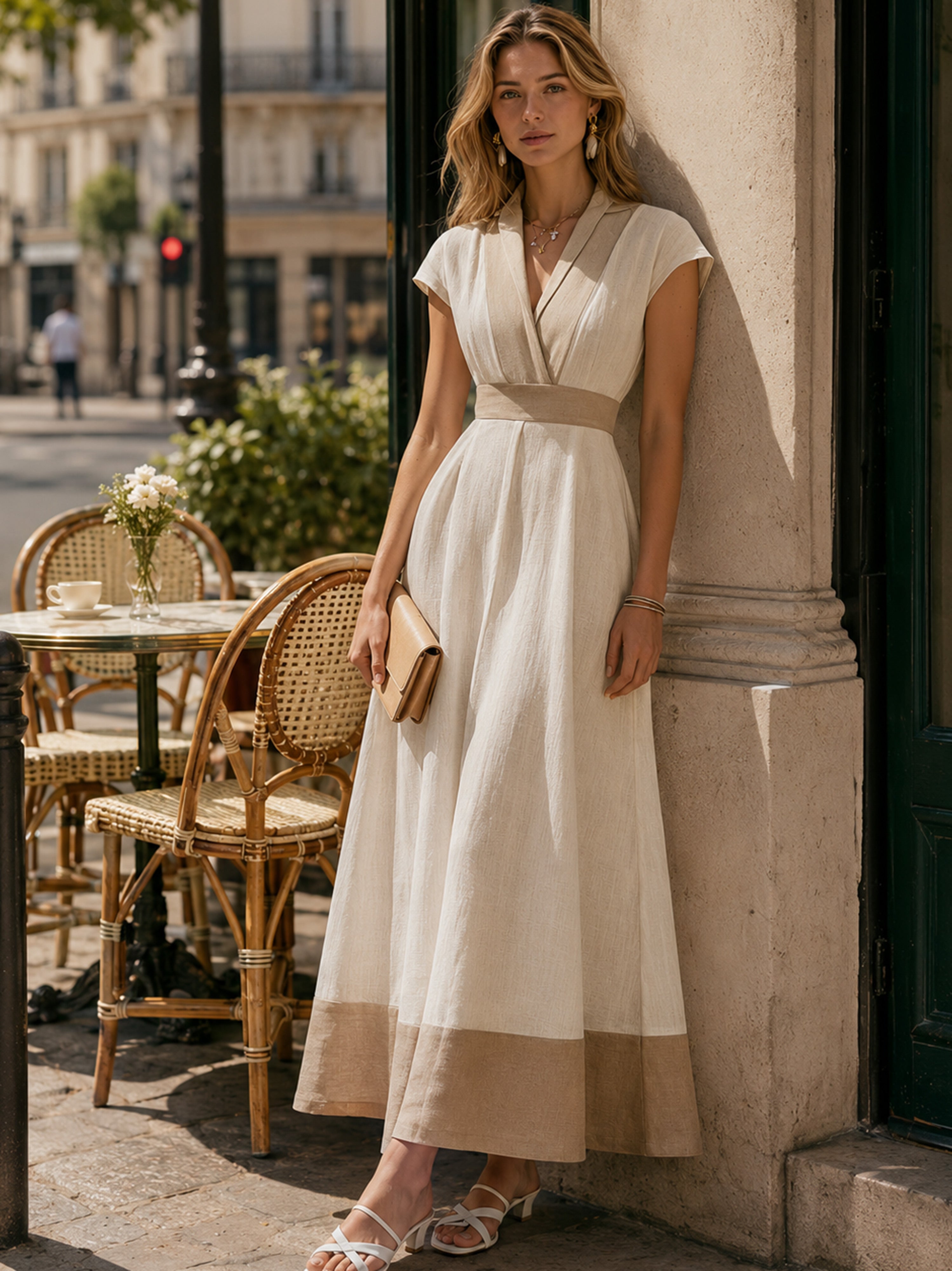 Elegant Ivory Linen Blend Dress: Short Sleeve V-Neck Color Block Maxi Dress