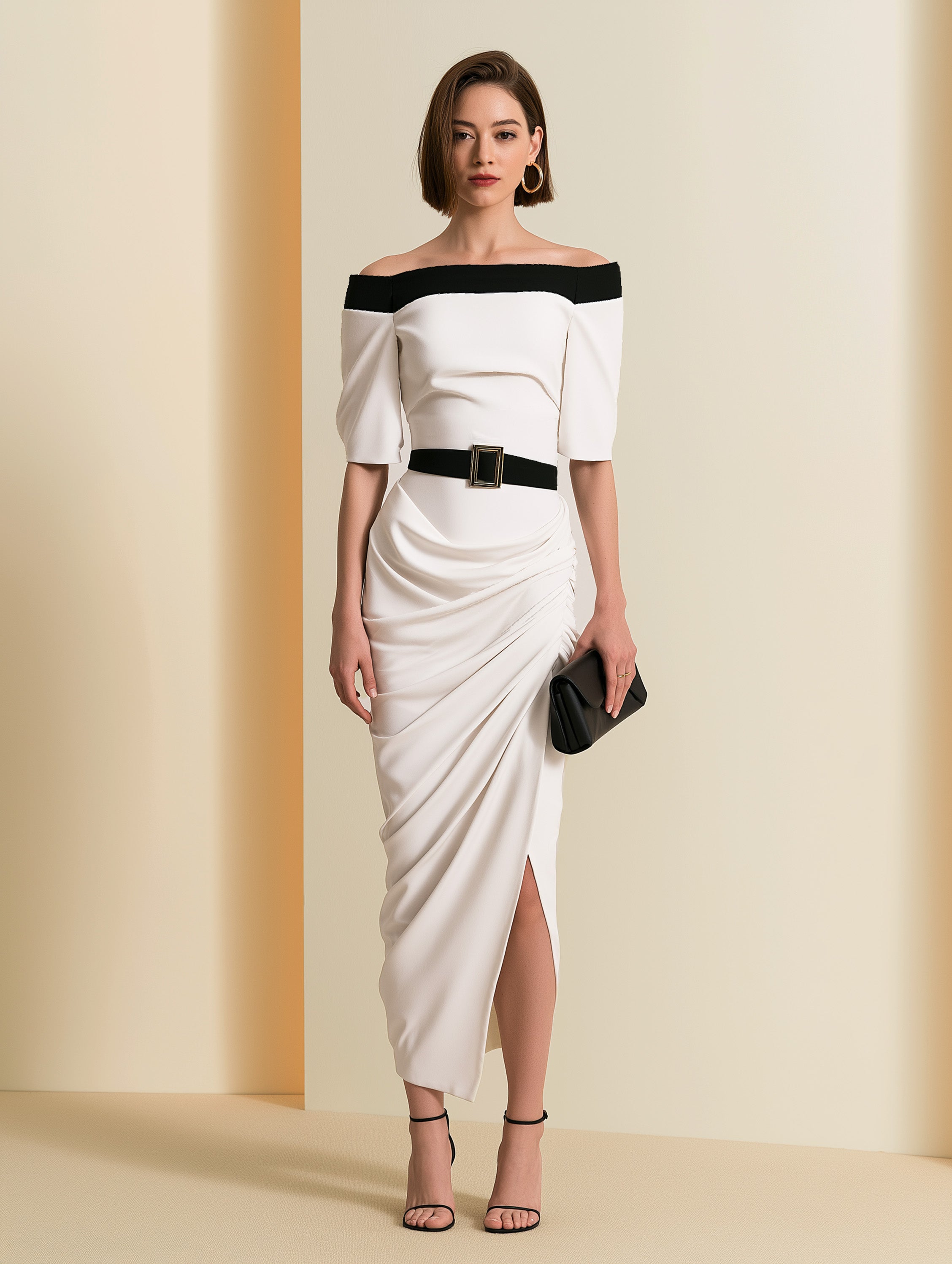 Elegant White Black Off-Shoulder Buckle Belt Ruched Slit Midi Dress