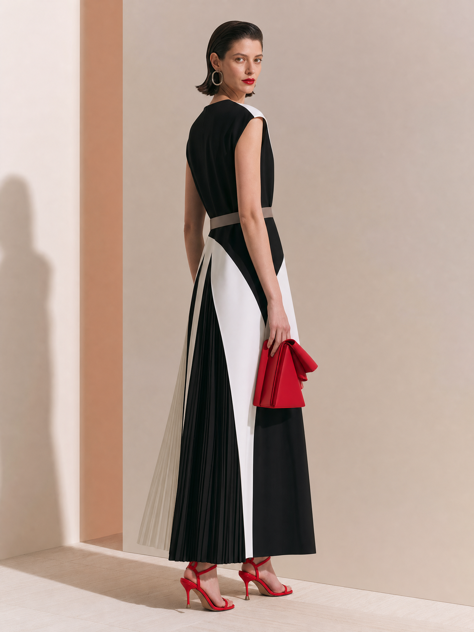 Elegant Colorblock Geometric V-Neck Draped Pleated Work Dress