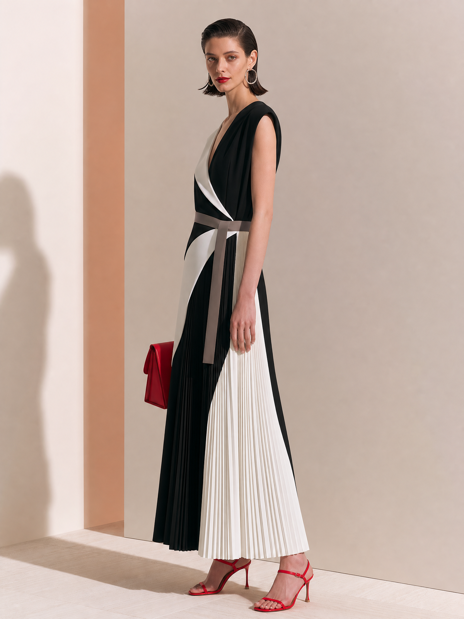 Elegant Colorblock Geometric V-Neck Draped Pleated Work Dress