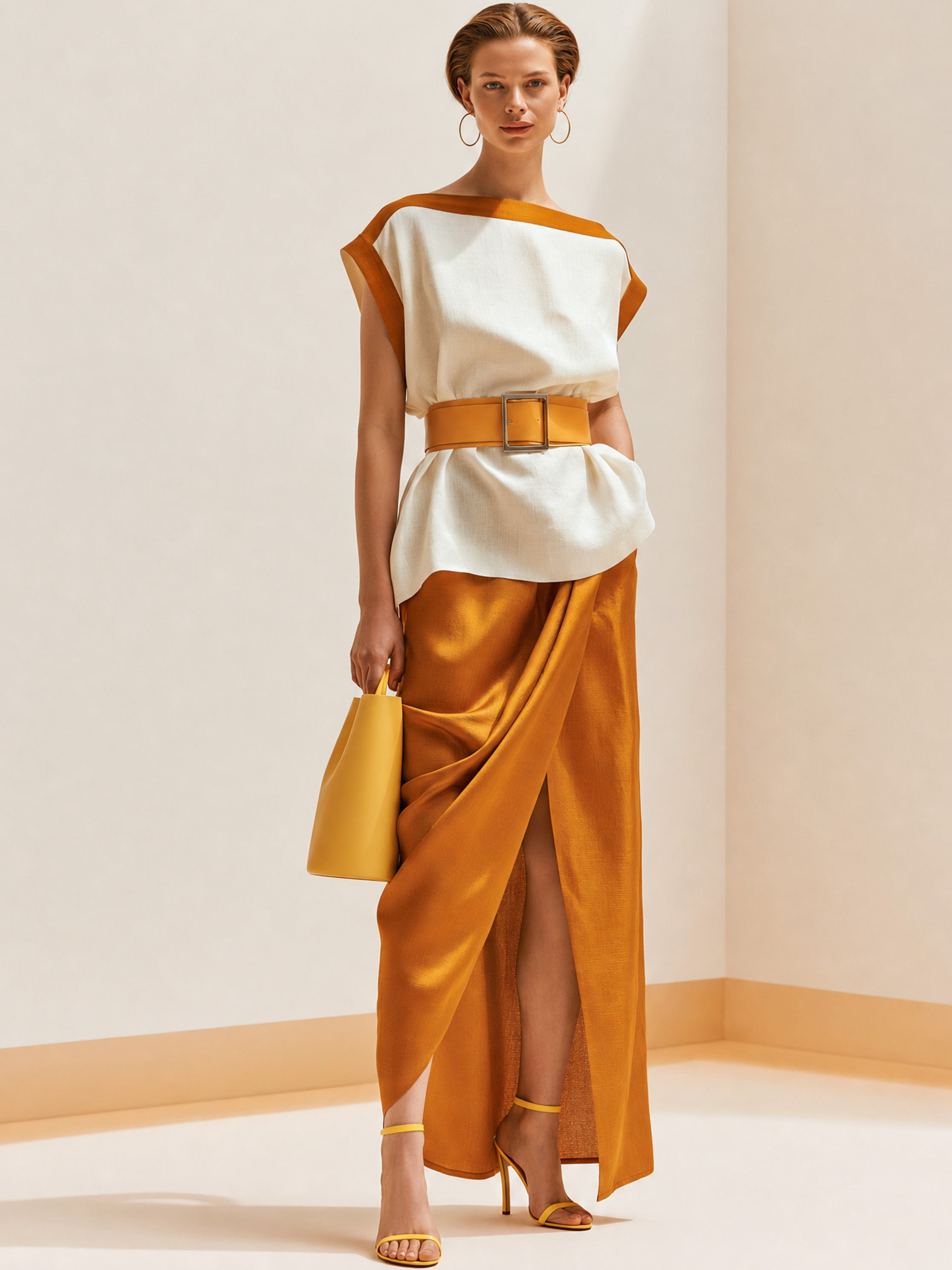 Elegant Sophisticated White-Orange Boat Neck Linen Set