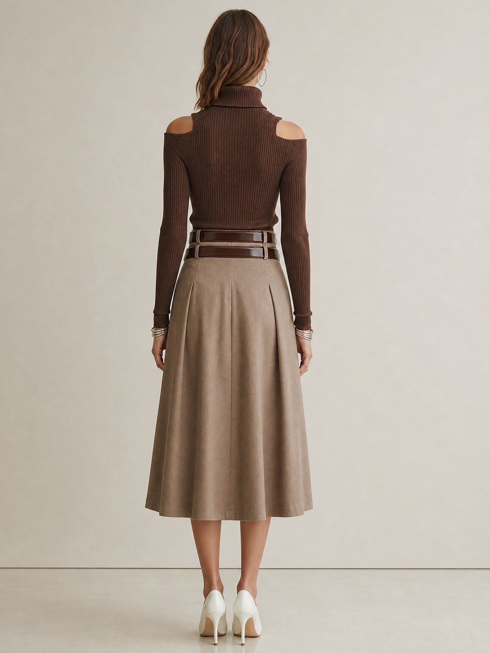 Brown Off-shoulder Knit Top And Skirt Set