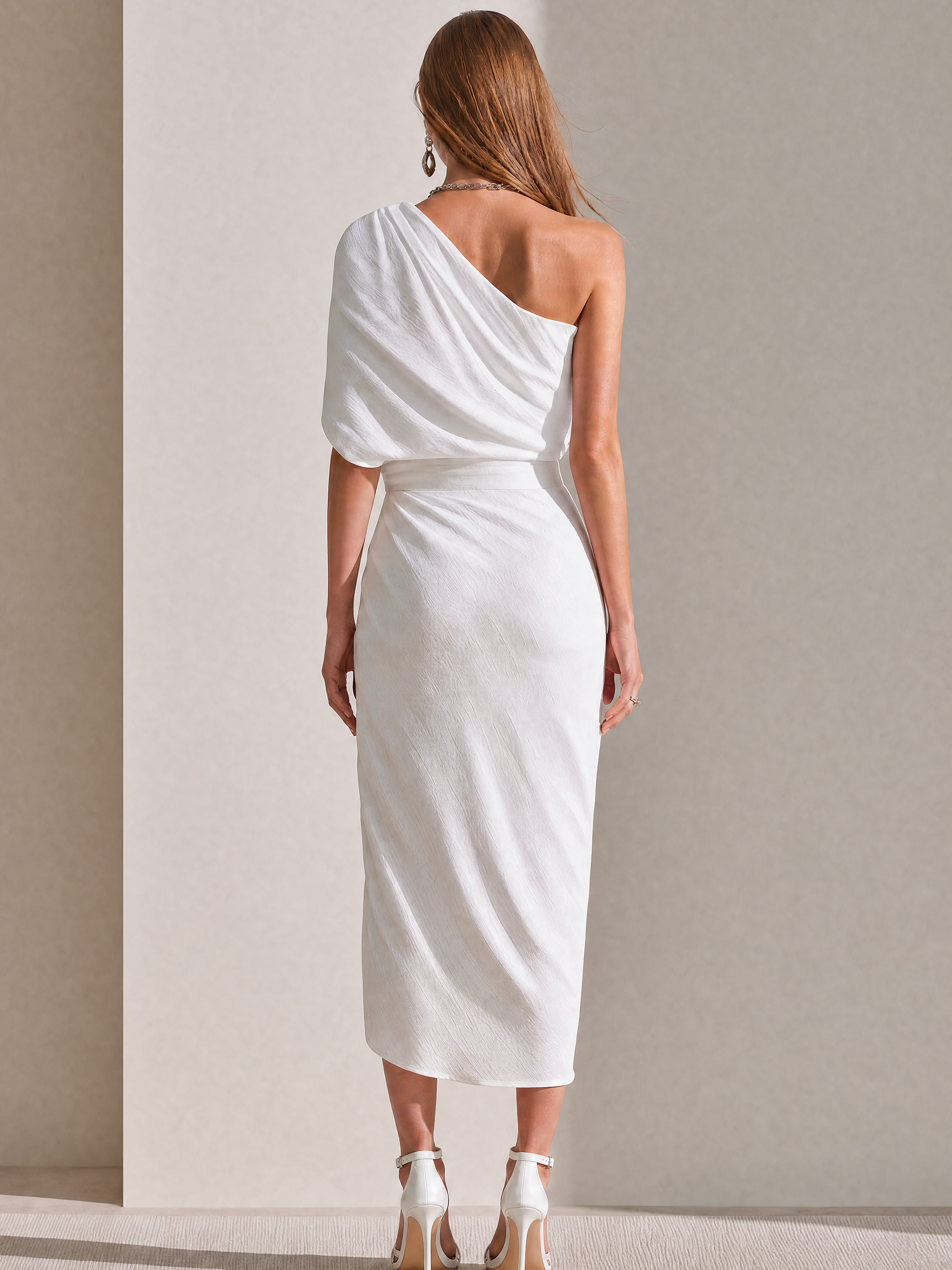 Elegant White Draped Midi Dress
