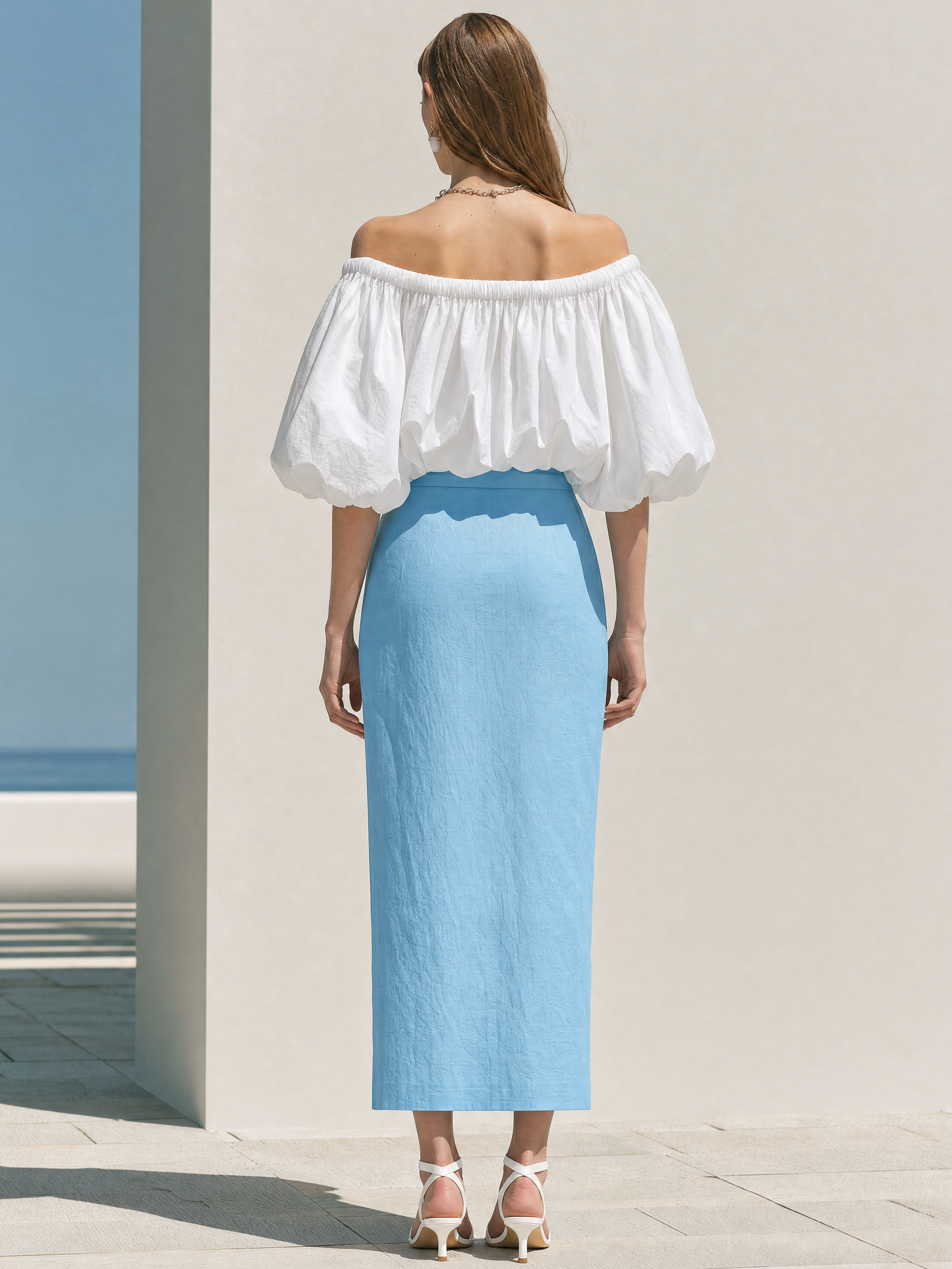 Elegant White Blouse &Sky Blue Linen Blend Midi Skirt Set