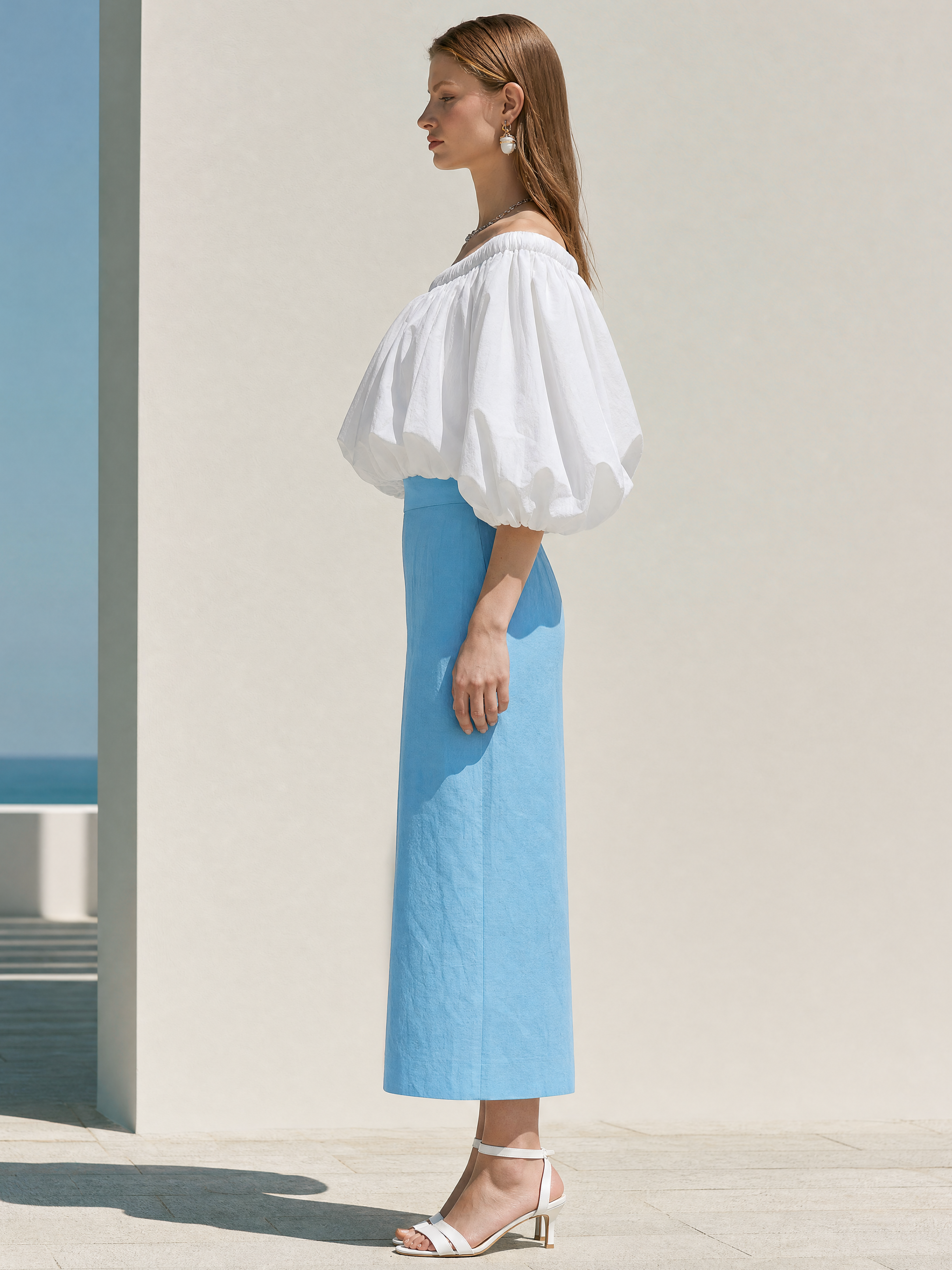 Elegant White Blouse &Sky Blue Linen Blend Midi Skirt Set